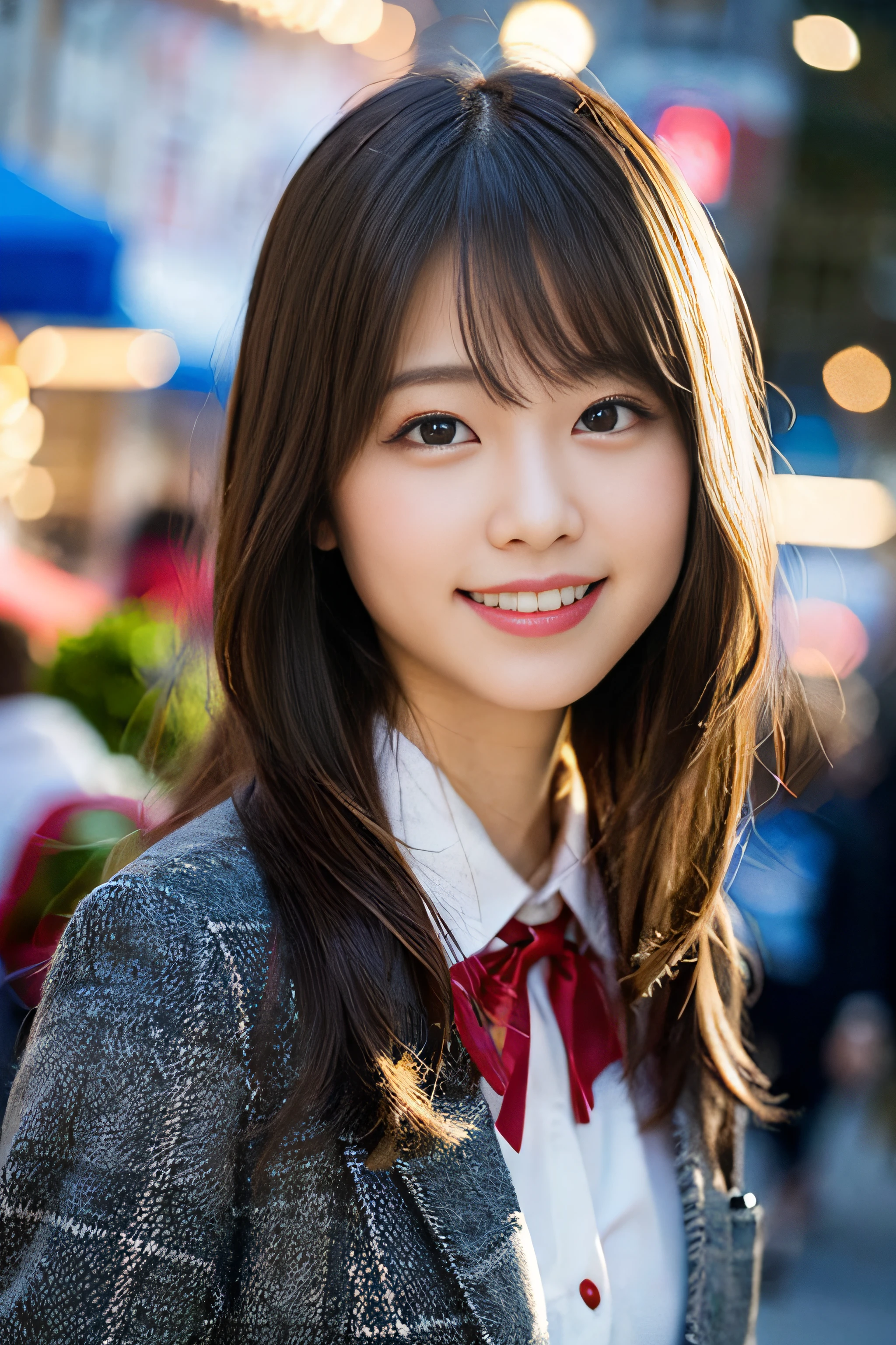 (8K、Raw photography、top-quality、masterpiece:1.2)、(realisitic、Photorealsitic:1.37)、ultra-detailliert、超A high resolution、1人、see the beholder、beautifull detailed face、A smile、Constriction、(Slim waist) :1.3)、Beautiful detailed skin、Skin Texture、Floating hair、Professional Lighting、Whole human body、Longhaire、a blond、japanese hight school uniform、hi-school girl、Christmas Lights、red ribbon hair、Happy smile、Childish smile、Suppin、red school uniform