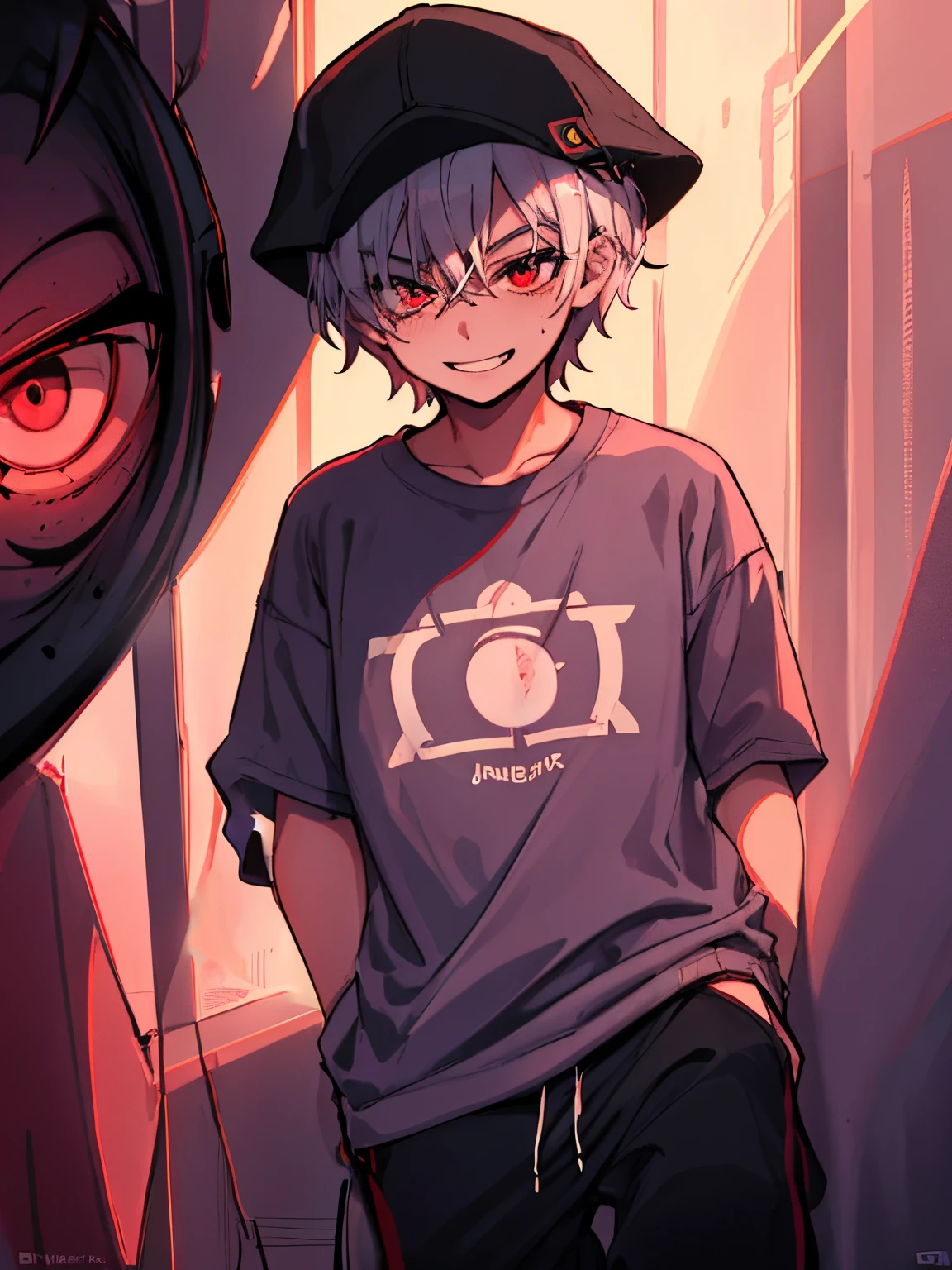 Libido boy, young, Attractive face, red eyes, with short white hair, eyeslashes, Applejack hat, whitet-shirt, Black sweatpants,Red sweatshirt,Eternal, (Best quality, Stunningly detailed:1.25), (Alone:1.3), evil smile，glowing light, ray tracing, reflection light