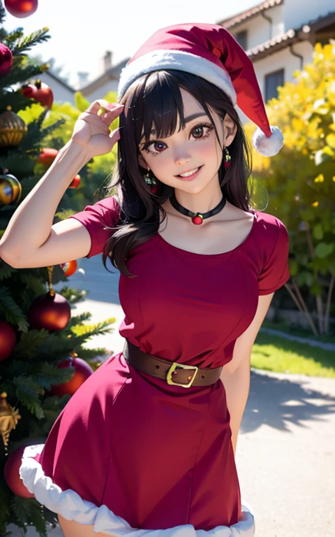 (La mejor calidad, Obra maestra), 1girl, 21 year old , brillar, vestido, Particle, viento, Flor, Parte superior del cuerpo , Mirando al espectador, cabello largo , lindos ojos , vestido rojo de navidad , Christmas Dress , maquillaje , labios rojos , sombra de ojos , hermosa sonrisa , background with christmas , senos grandes , largo cabello color turquesa con mechas moradas, foto de cuerpo completo , pose sexy , Applejack , ojos color rosa , linda sonrisa , ropa roja santaclaus
