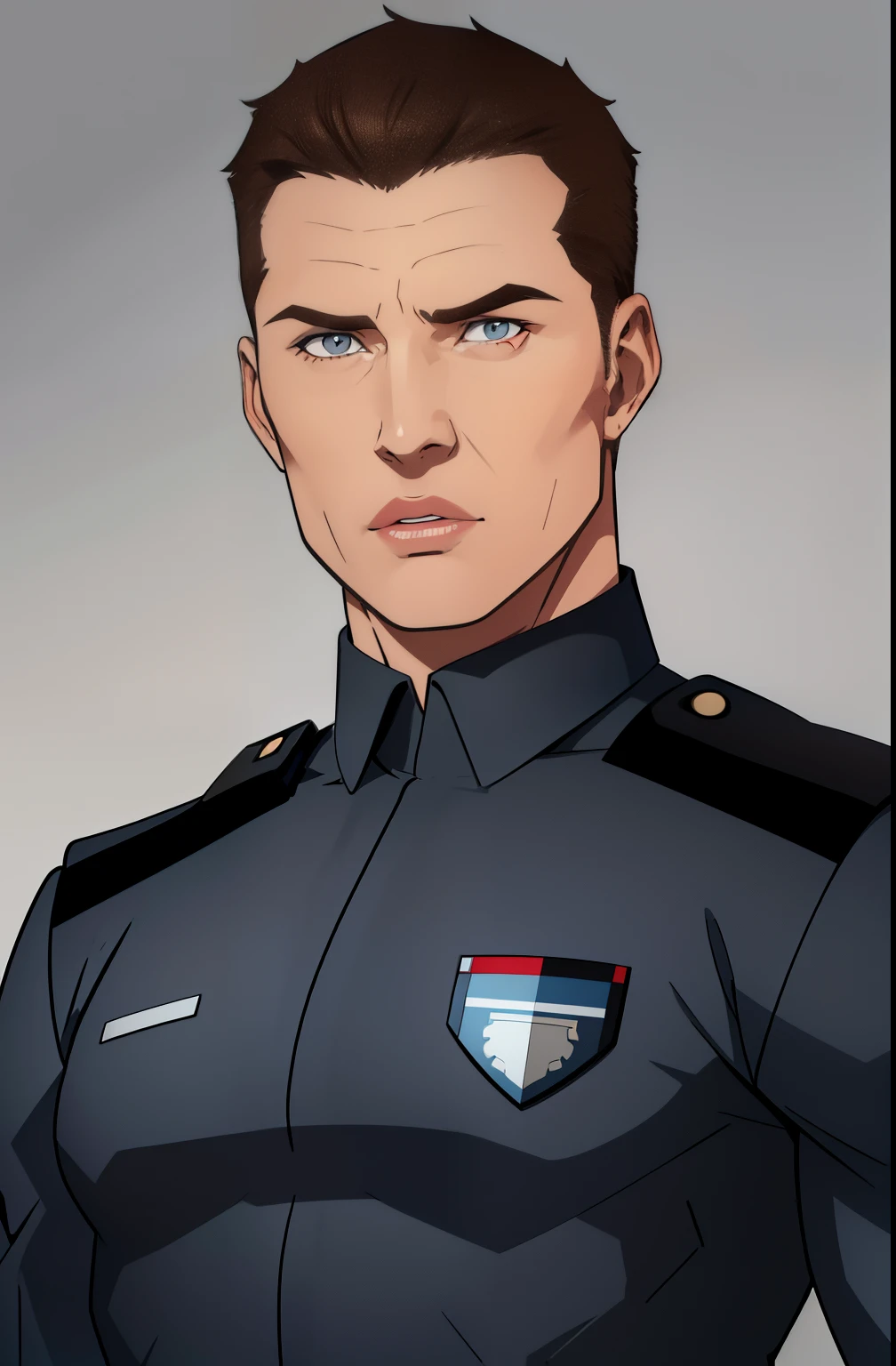 grey background, (a 35 year old man) white skin, Norweigan man Kruger Kalle, solo, 1 man, portrait, brown hair, super detailed, police uniform, police style, direct look, contoured, upper body , torso, skinny, slim, flat color, fully body, standing, police uniform, us police, nypd police outfit