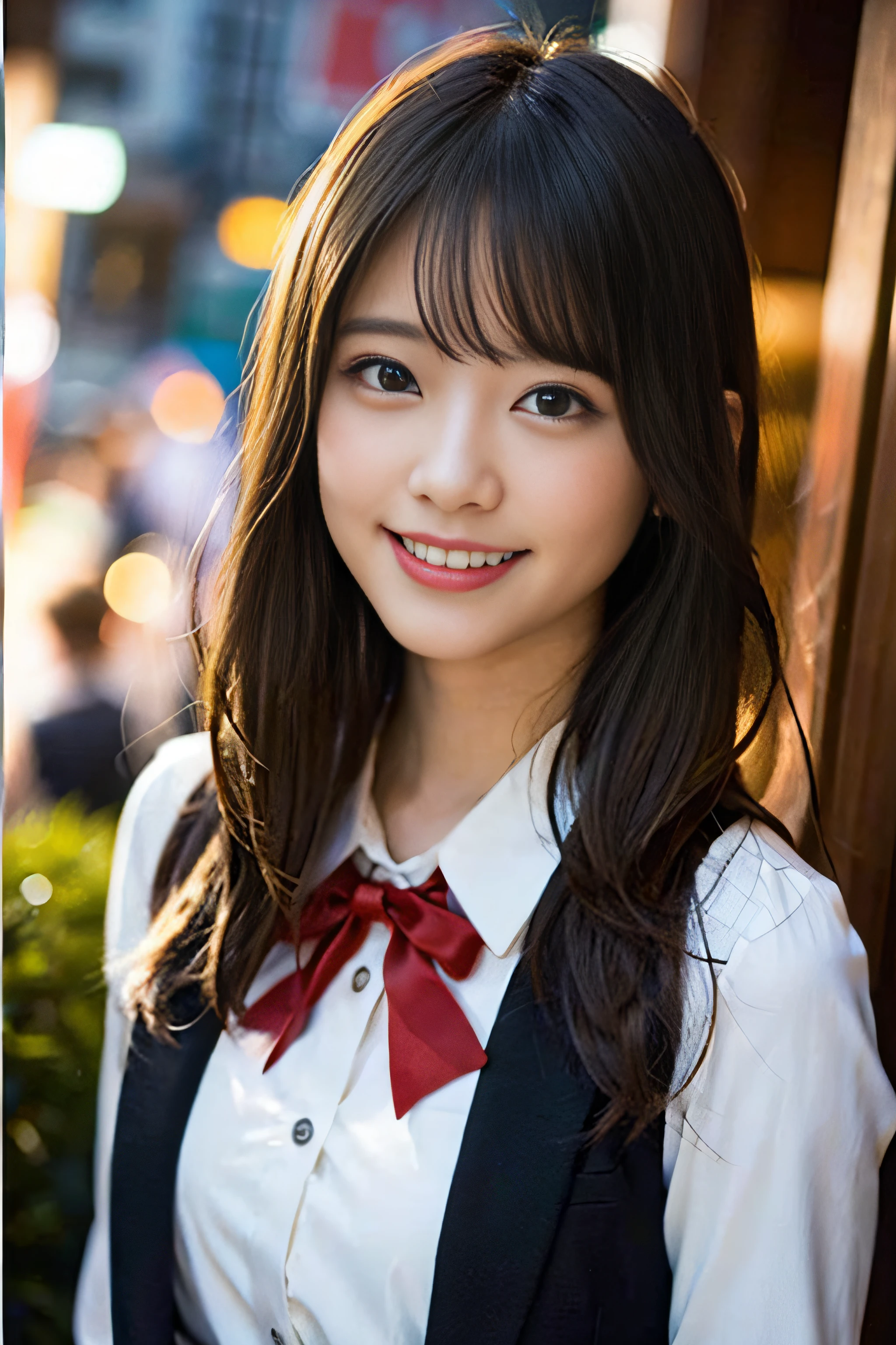 (8K、Raw photography、top-quality、masterpiece:1.2)、(realisitic、Photorealsitic:1.37)、ultra-detailliert、超A high resolution、女の子1人、see the beholder、beautifull detailed face、A smile、Constriction、(Slim waist) :1.3)、Beautiful detailed skin、Skin Texture、Floating hair、Professional Lighting、Whole human body、Longhaire、a blond、japanese hight school uniform、hi-school girl、Christmas Lights、red ribbon hair、Happy smile、Childish smile、Suppin、red school uniform、sticking out the tongue