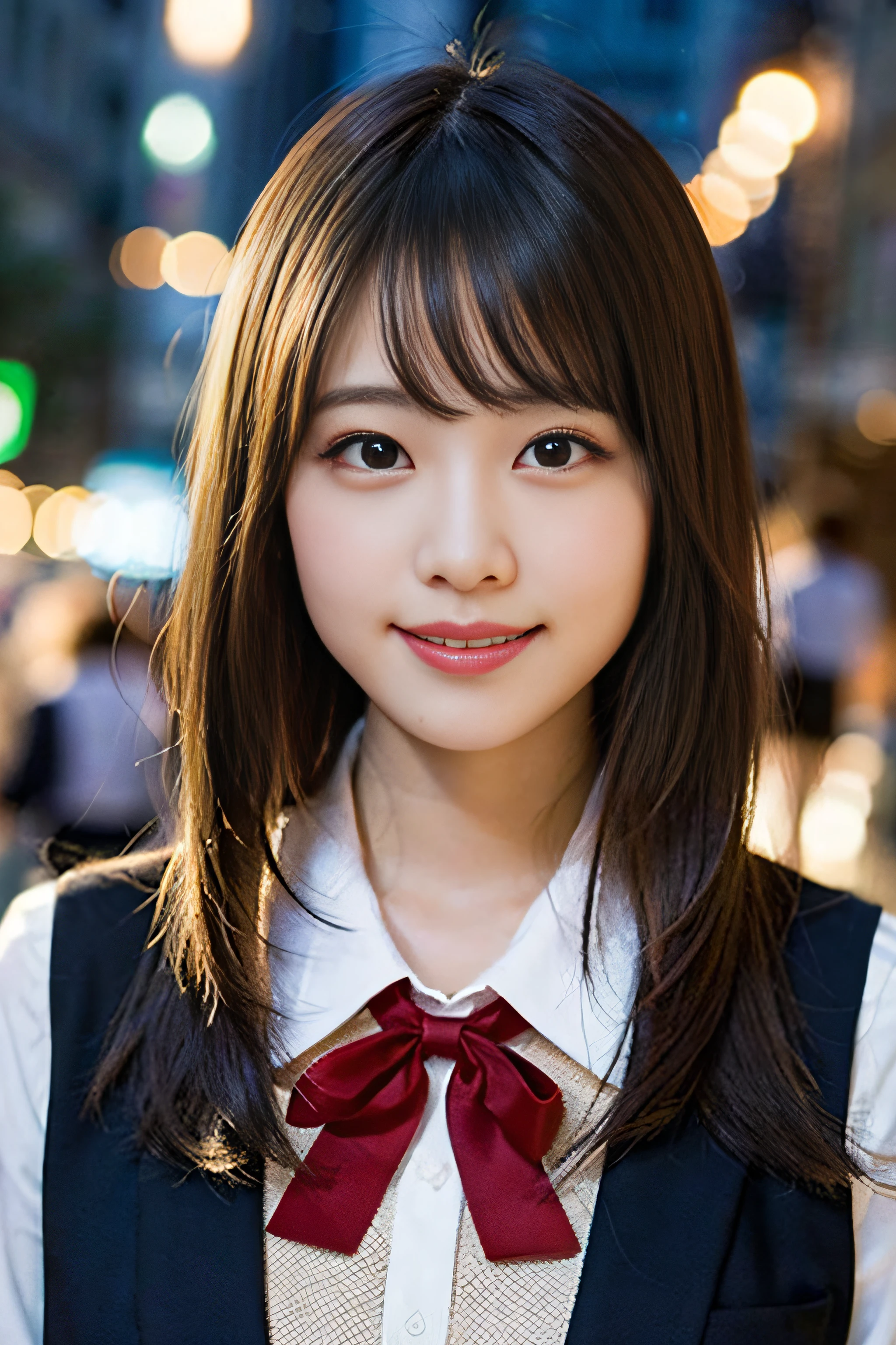 (8K、Raw photography、top-quality、​masterpiece:1.2)、(realisitic、Photorealsitic:1.37)、ultra-detailliert、超A high resolution、女の子1人、see the beholder、beautifull detailed face、A smile、Constriction、(Slim waist) :1.3)、Beautiful detailed skin、Skin Texture、Floating hair、Professional Lighting、Whole human body、Longhaire、a blond、japanese hight school uniform、hi-school girl、Christmas Lights、red ribbon hair、Happy smile、Childish smile、Suppin、red school uniform、sticking out the tongue