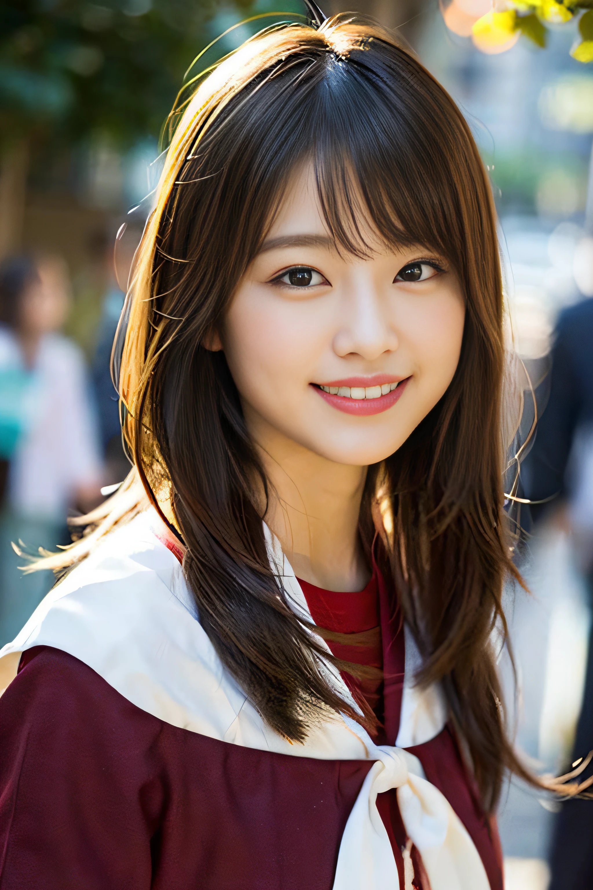 (8K、Raw photography、top-quality、​masterpiece:1.2)、(realisitic、Photorealsitic:1.37)、ultra-detailliert、超A high resolution、女の子1人、see the beholder、beautifull detailed face、A smile、Constriction、(Slim waist) :1.3)、Beautiful detailed skin、Skin Texture、Floating hair、Professional Lighting、Whole human body、Longhaire、a blond、japanese hight school uniform、hi-school girl、School route、autumnal、Colored leaves、red ribbon hair、Happy smile、Childish smile、Suppin、Red sailor suit、winking