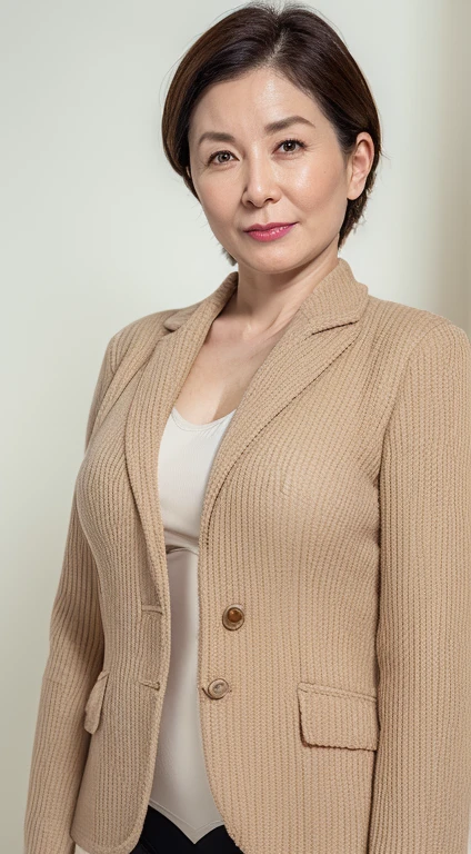 Perfect Anatomy, (((Staring at this:1.3))), pale perspective, Extremely detailed, Portrait of a mature woman, Medium close-up, ((Underwear)), Business suits, Straight front angle, A MILF, ((masutepiece)), top-quality, high-level image quality,16 K, (Emphasis on the chest), Colossal tits, Saggy udder, ,51 years old,