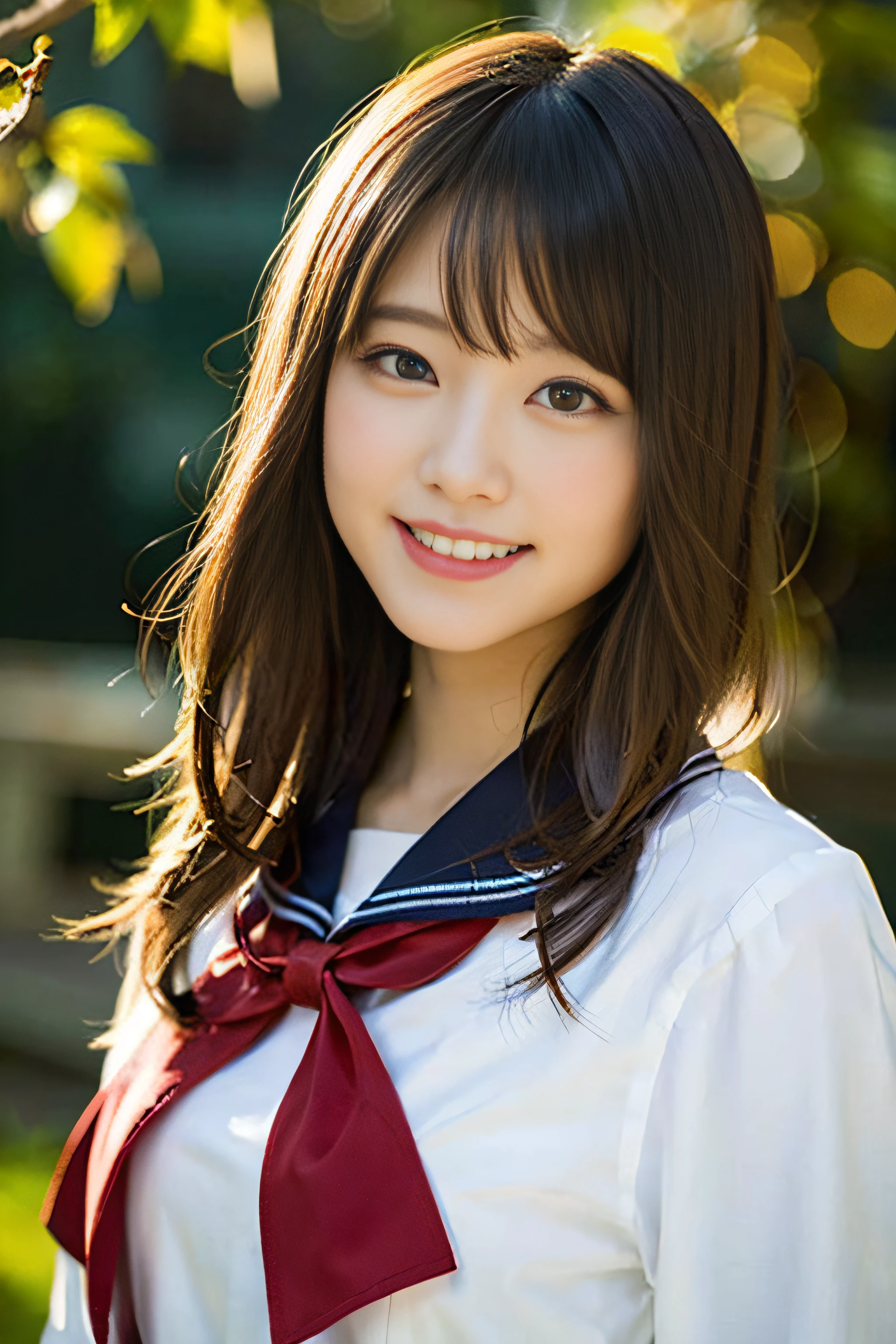 (8K、Raw photography、top-quality、masterpiece:1.2)、(realisitic、Photorealsitic:1.37)、ultra-detailliert、超A high resolution、女の子1人、see the beholder、beautifull detailed face、A smile、Constriction、(Slim waist) :1.3)、Beautiful detailed skin、Skin Texture、Floating hair、Professional Lighting、Whole human body、Longhaire、a blond、japanese hight school uniform、hi-school girl、School route、autumnal、Colored leaves、red ribbon hair、Happy smile、Childish smile、Suppin、Red sailor suit、winking