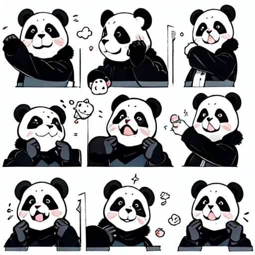Giant panda animal Q version with 9 emoticons and 9 different emotions