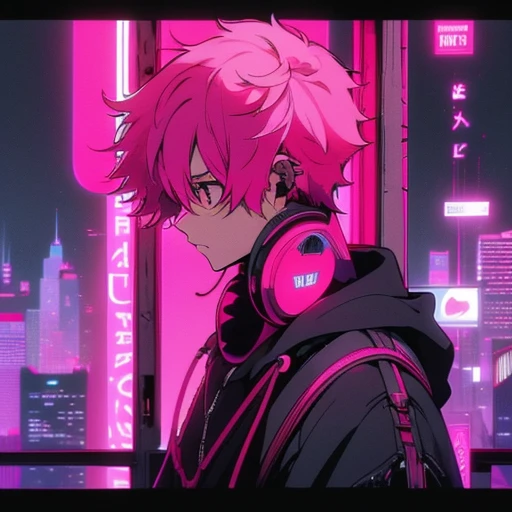 (short-cut), (Two-block hair), (vivid pink hair), (male character), (red eyes), (Cool pose), (of the highest quality), (masterpiece), (ultra-detailliert), (Oversized hoodies), (headphones), (Street), (neons), (Camera from a down angle), (Modern City), (Neon Daylight), (Cinematic), (Stylish), (hight resolution), (Hyper Detailed), (Looking at the camera), (Anime-style), (Softtown), (nightcore), (a handsome man), (Listening to music), (natural appearance of the building), (casual)