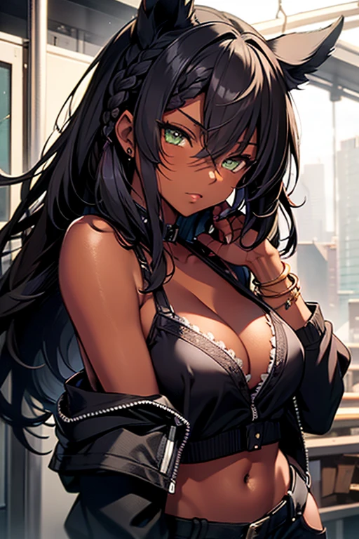 nsfw、masterpiece、best quality、super detailed skin、1catgirl、jadegreen eyes、skin/(dark skin)、horse ears、horse tail、hair/(braided side pigtails)、flipped hair、midnight black hair、wide cleavage、small torn bikini-top、small lace crop-top、torn hotpants、bracelet upper-arms