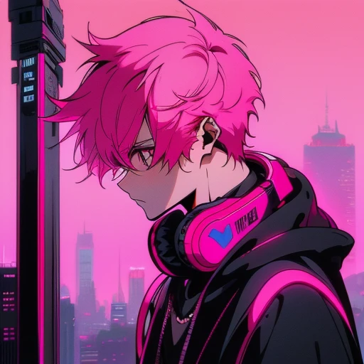 (short-cut), (Two-block hair), (vivid pink hair), (male character), (red eyes), (Cool pose), (of the highest quality), (masterpiece), (ultra-detailliert), (Oversized hoodies), (headphones), (Street), (neons), (Camera from a down angle), (Modern City), (Neon Daylight), (Cinematic), (Stylish), (hight resolution), (Hyper Detailed), (Looking at the camera), (Anime-style), (Softtown), (nightcore), (a handsome man), (Listening to music), (natural appearance of the building), (casual)