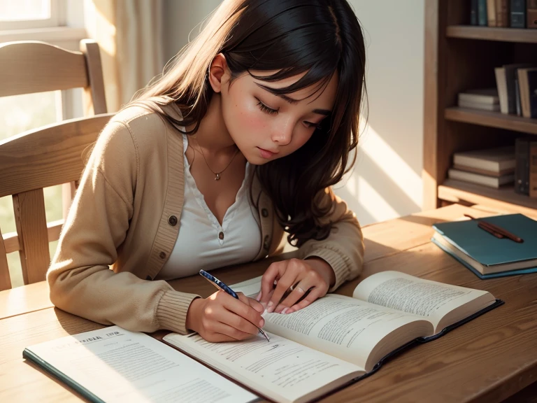 The sunlight casts a warm glow on a young woman as she concentrates on her studies, notebook open on her lap.