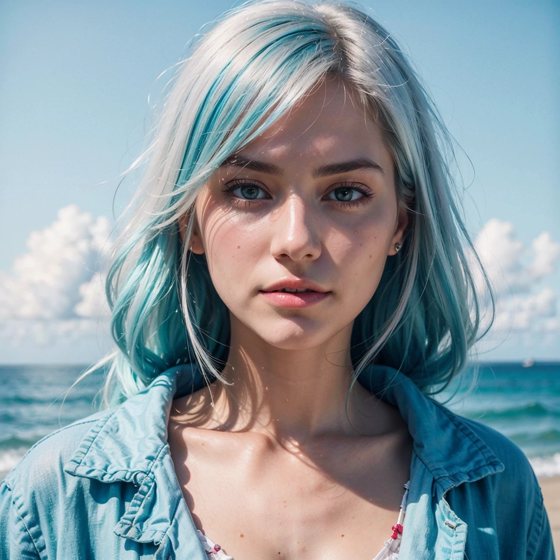 1 danish girl, 20yo, realistic skin, fair skin, innocent, modern girl, exact cyan-white hair, amber eyes,((photorealistic)) ((masterpiece)), 8k high resolution, hyper realistic, beach, pink lips, long beautiful cyan-white hair, blush cheeks, fair white skin, photorealistic, ((camera distance 1.1m)) (((insta model))), natural cyan hair, from back, skinny perfect face, heart face shape, wearing a red jacket on a furry coat