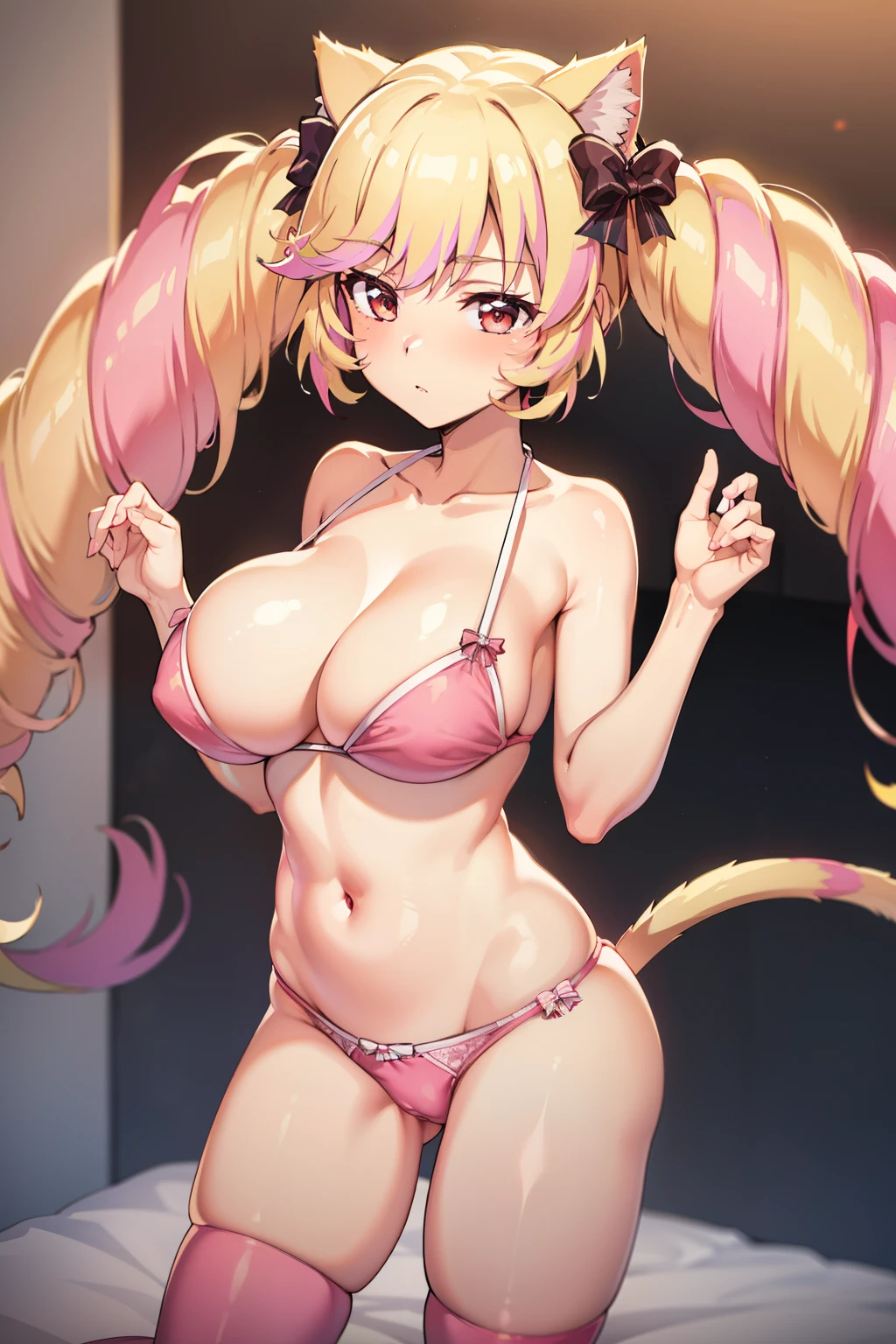 ４ｋqulity, top-quality, , big ??????,）on the beds, show ???????, １６age,　sexypose, ultra-mini beautiful lingerie and stockingewitchingbeauty legs, closing eye　Feeling face　Love　???, pink microbikini, twin_drills, twintails, long hair, cat ears, yellow cat ea, red eyes, Himeko, ???? shoulders, sleeveless, tail, hair bow, pink stockings, pink lingerie, show ??????? rupture, pink microbikini and stockings