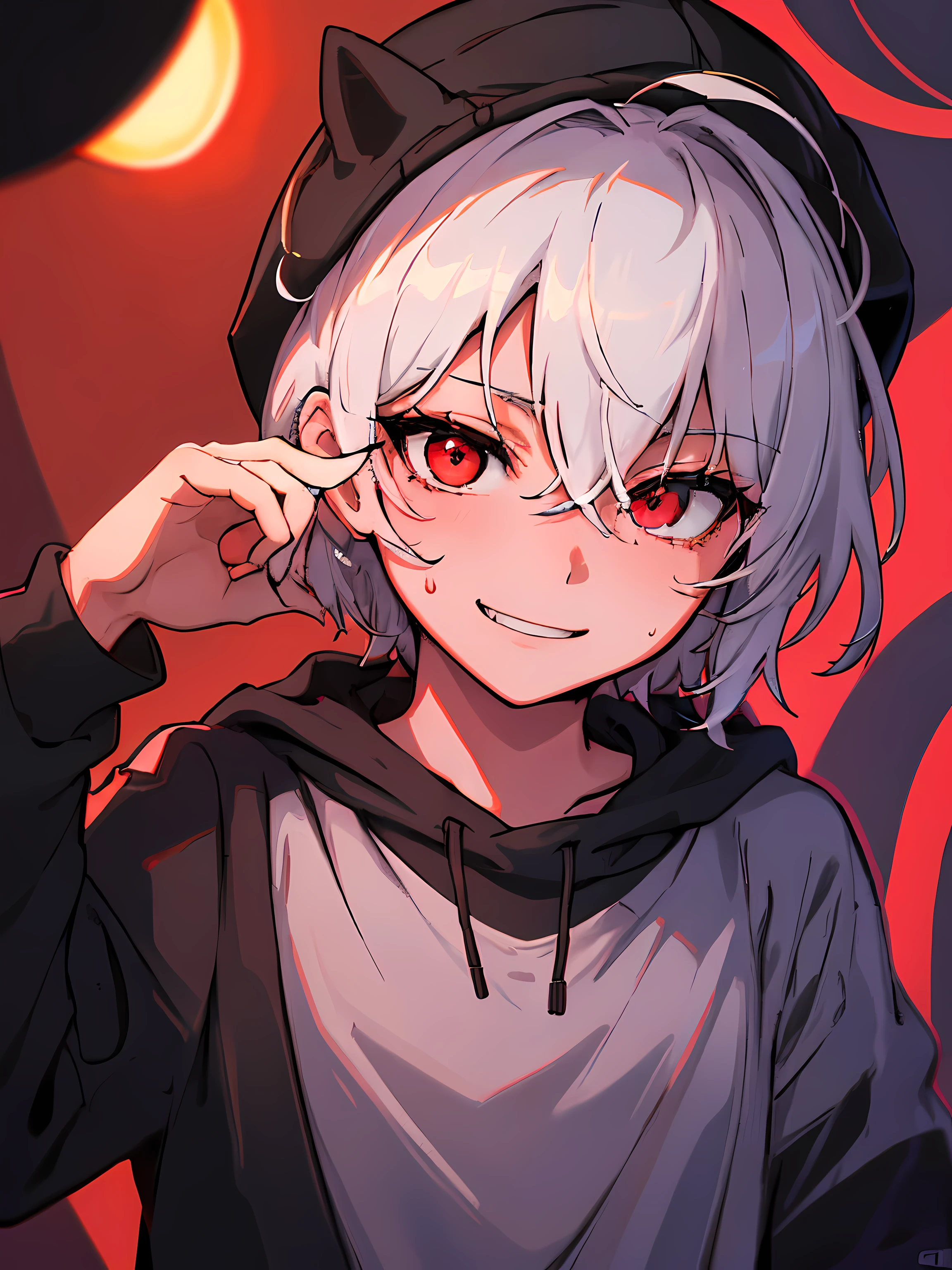 horny boy, young, Attractive face, red eyes, Short gray hair, eyeslashes, Applejack hat, whitet-shirt, black sweatpants,Red sweatshirt,everlasting, (Best quality at best, Stunningly detailed:1.25), (Alone:1.3), evilsmile，glowing light, Ray traching, reflective light