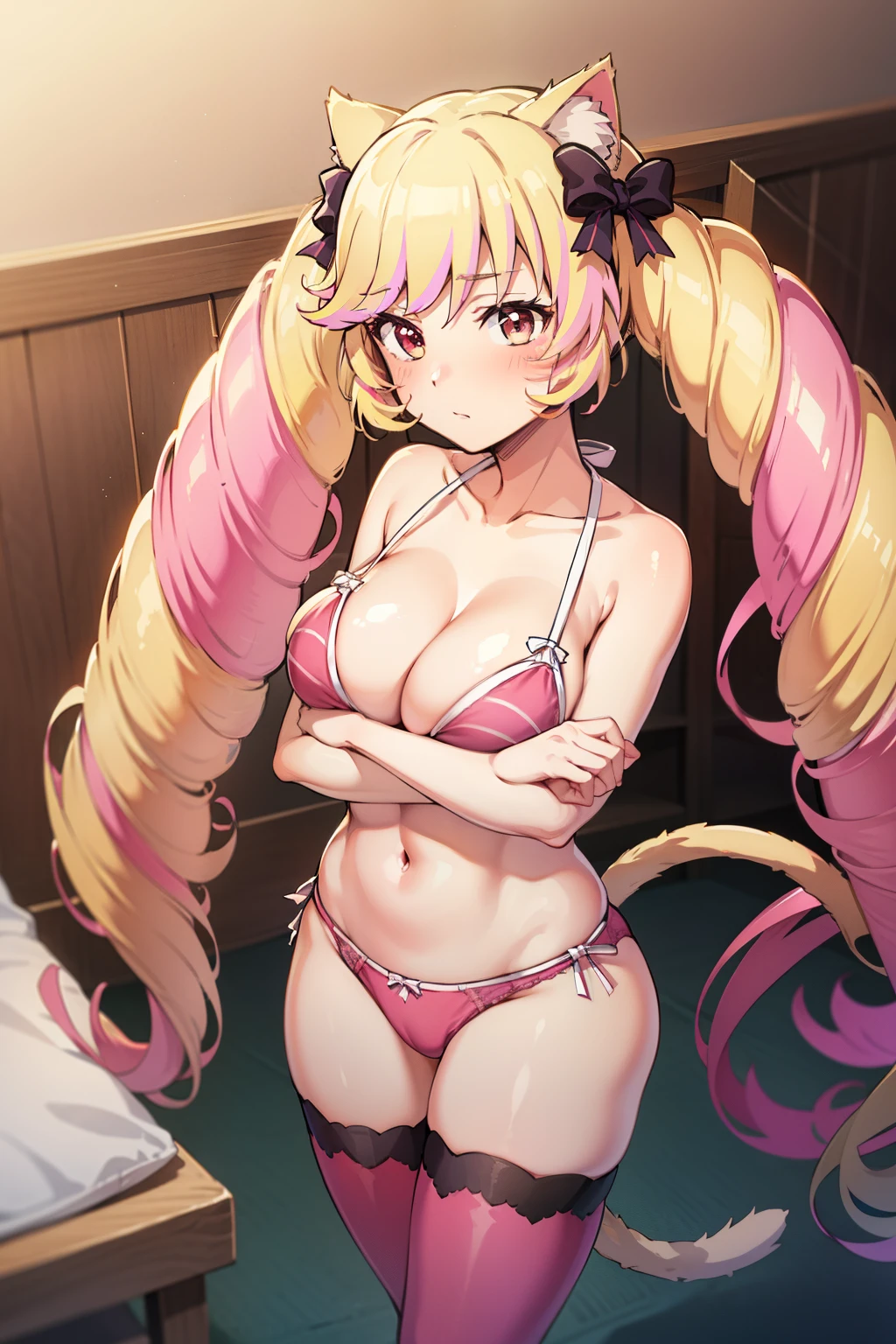 ４ｋqulity, top-quality, , big breast,）on the beds, show breasts, １６age,　sexypose, ultra-mini beautiful lingerie and stockingewitchingbeauty legs, closing eye　Feeling face　Love　Pee, pink microbikini, twin_drills, twintails, long hair, cat ears, yellow cat ea, red eyes, Himeko, bare shoulders, sleeveless, tail, hair bow, pink stockings, pink lingerie, show vaginal rupture, pink microbikini and stockings