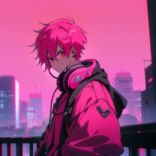 (short-cut), (Two-block hair), (vivid pink hair), (male character), (red eyes), (Cool pose), (of the highest quality), (​masterpiece), (ultra-detailliert), (Oversized hoodies), (headphones), (Street), (neons), (Camera from a down angle), (Modern City), (Neon Daylight), (Cinematic), (Stylish), (hight resolution), (Hyper Detailed), (Looking at the camera), (Anime-style), (Softtown), (nightcore), (a handsome man), (Listening to music), (natural appearance of the building), (casual)