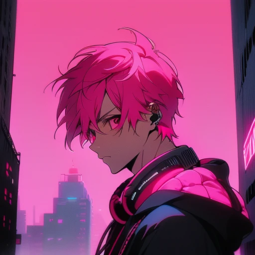 (short-cut), (Two-block hair), (vivid pink hair), (male character), (red eyes), (Cool pose), (of the highest quality), (​masterpiece), (ultra-detailliert), (Oversized hoodies), (headphones), (Street), (neons), (Camera from a down angle), (Modern City), (Neon Daylight), (Cinematic), (Stylish), (hight resolution), (Hyper Detailed), (Looking at the camera), (Anime-style), (Softtown), (nightcore), (a handsome man), (Listening to music), (natural appearance of the building), (casual)