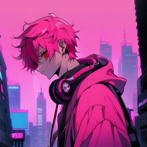 (short-cut), (Two-block hair), (vivid pink hair), (male character), (red eyes), (Cool pose), (of the highest quality), (​masterpiece), (ultra-detailliert), (Oversized hoodies), (headphones), (Street), (neons), (Camera from a down angle), (Modern City), (Neon Daylight), (Cinematic), (Stylish), (hight resolution), (Hyper Detailed), (Looking at the camera), (Anime-style), (Softtown), (nightcore), (a handsome man), (Listening to music), (natural appearance of the building), (casual)