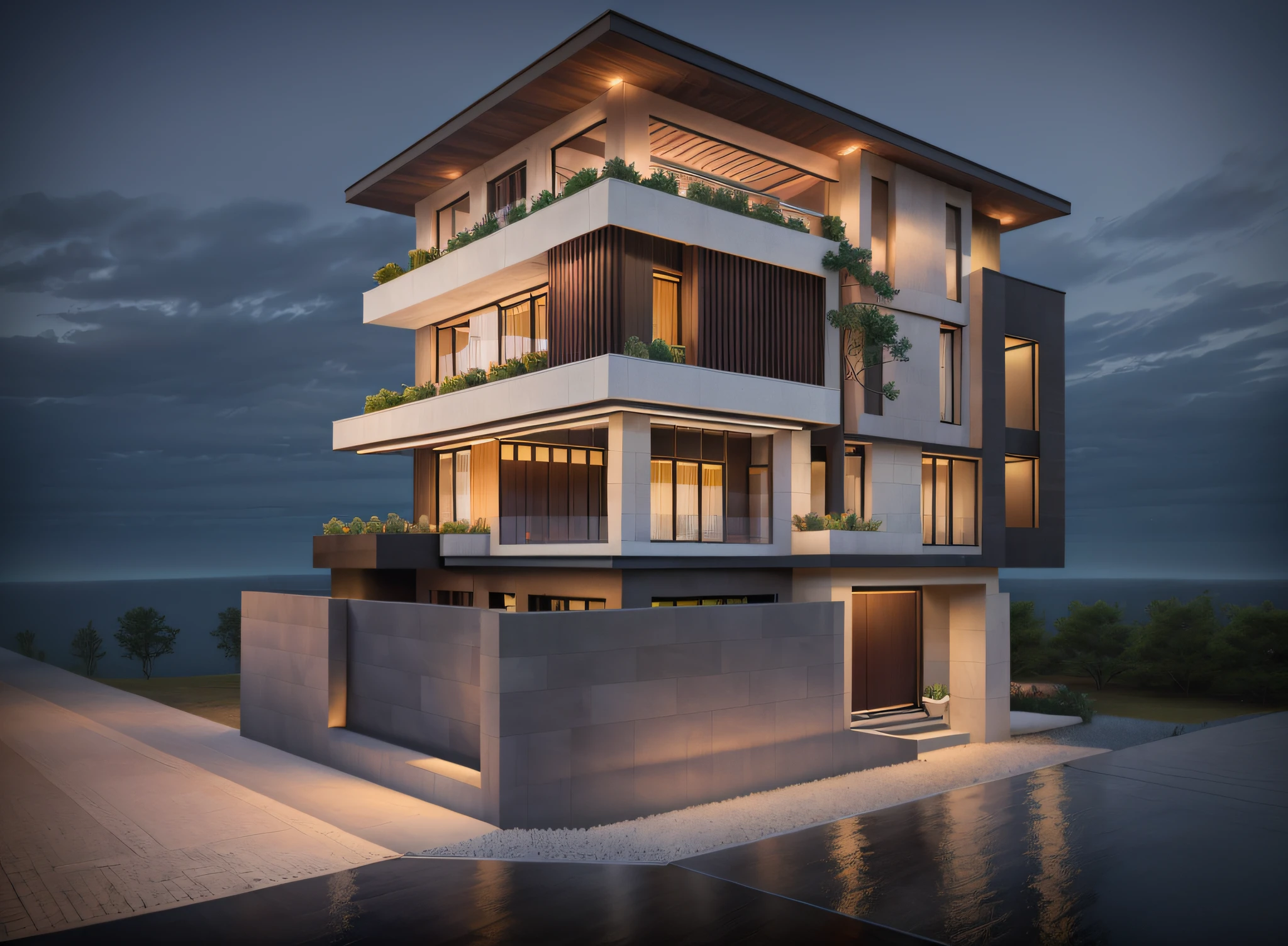villa modern,night, Realistic, exterior, sunlight, house, RAW photo, 8k uhd, dslr, (high detailed skin:1.3), soft lighting, ultra quality, film grain, Fujifilm XT3, sharp image, best quality, authentic, hight quality,