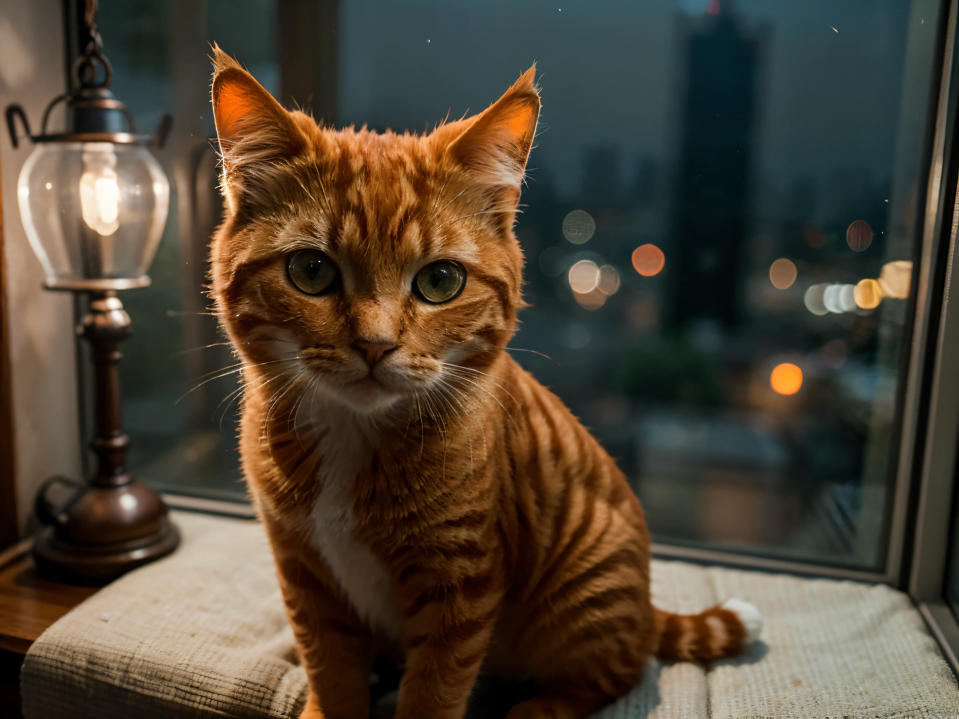 close-up photo, 80mm, f/1.8, bokeh, low exposure, ultra detailed, masterpiece: 1.3, sharp focus:1.5, photorealistic:1.3, (orange cat sitting on window sill), outside window night city light, serene tranquility