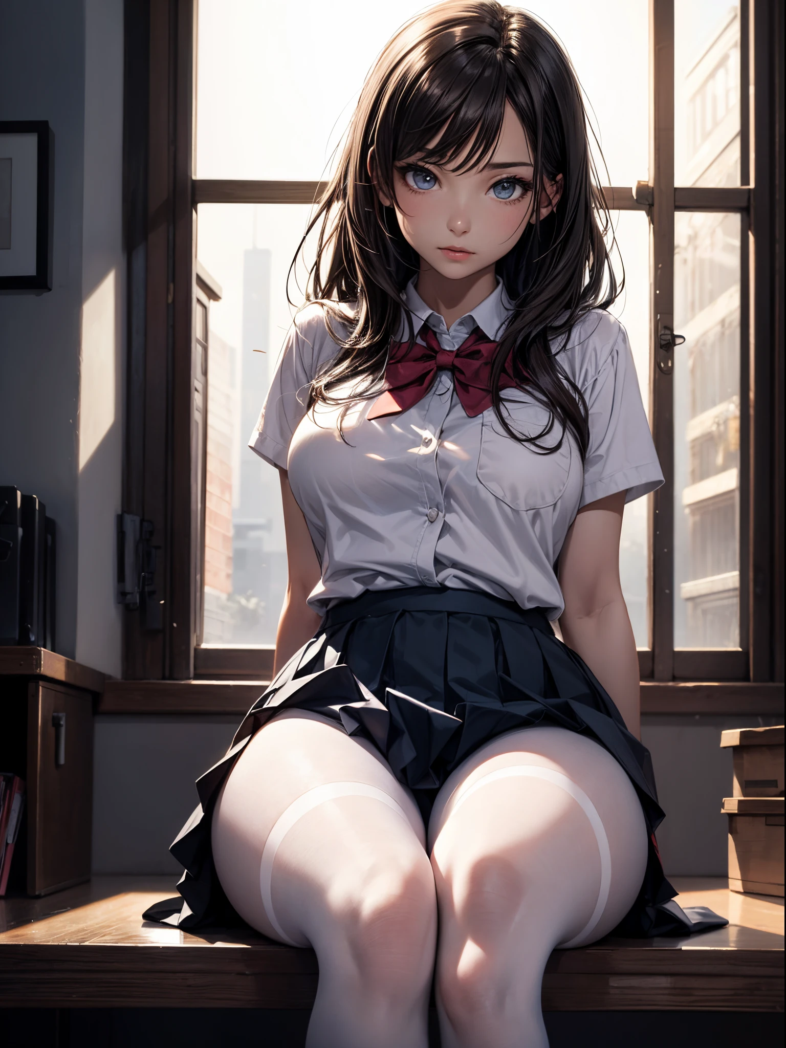 ultra realistic 8k cg, picture-perfect face, flawless, clean, masterpiece, professional artwork, famous artwork, perfect face, beautiful face, beautiful eyes, ((perfect female body)), solo, (immersive atmosphere, chiaroscuro:1.5, bright light:1.2, luminous lighting), showing a delicate slim figure and graceful curveeautiful long legs:1.3), (blush:0.5),seductive expression, extremely detailed_eyes, thick thighs, large breasts,
beautifully detailed background, depth of field, realistic:1.3, long shot, 1girl, shirt, pleated skirt, school uniform, sitting, full body,
(ambient light:1.3), (cinematic composition:1.3), (neon lights:0.1), (HDR:0.1), Accent Lighting, white pantyhose,
