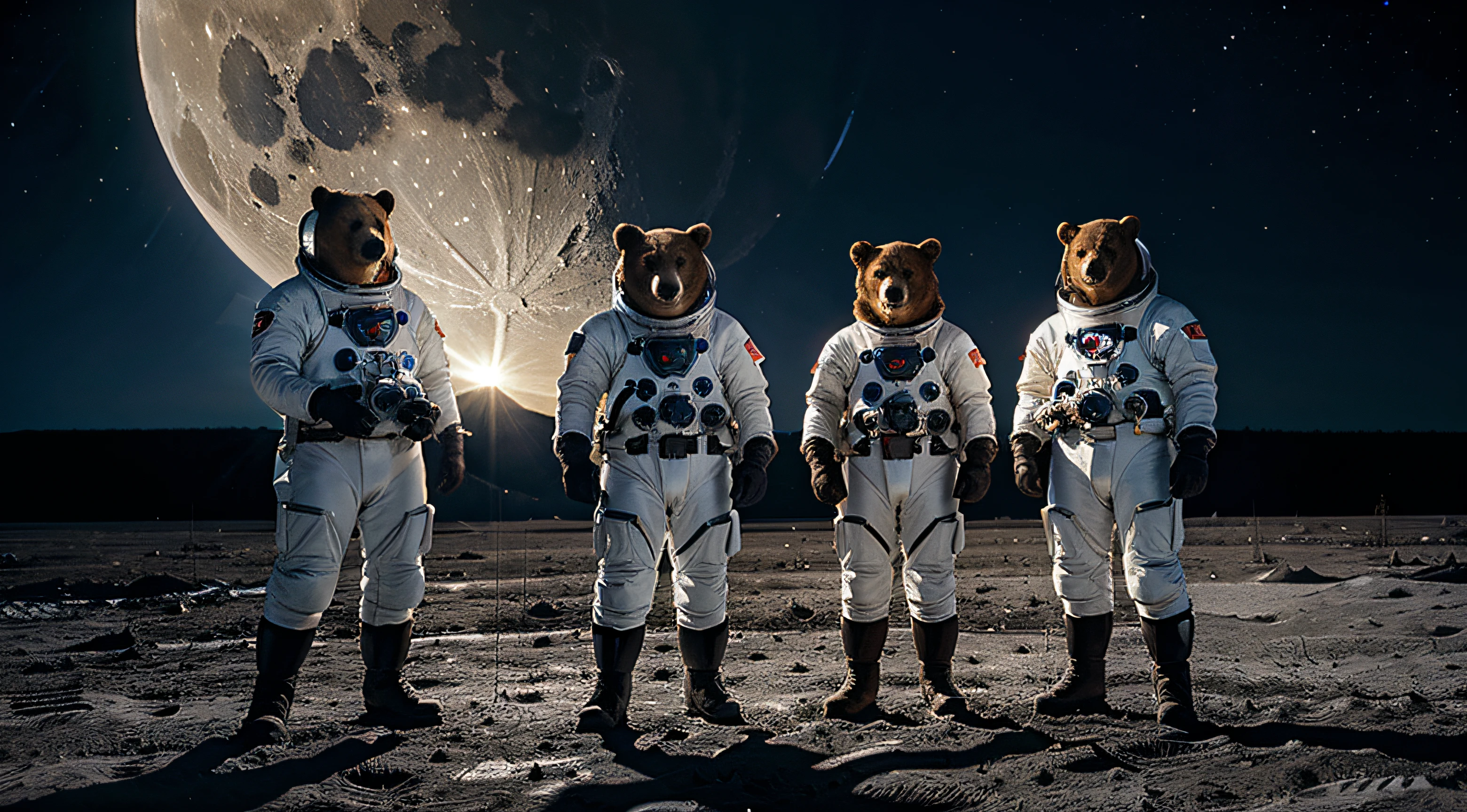 3 bears wearing a Hungarian space suite, standing on the Moon.