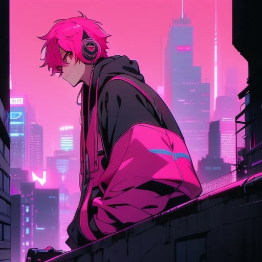 (short-cut), (Two-block hair), (vivid pink hair), (male character), (Red eyes), (Cool pose), (of the highest quality), (​masterpiece), (ultra-detailliert), (Oversized hoodies), (headphones), (Street), (neons), (Camera from a down angle), (Modern City), (Neon Daylight), (Cinematic), (Stylish), (hight resolution), (Hyper Detailed), (Looking at the camera), (Anime-style), (Softtown), (nightcore), (a handsome man), (Listening to music), (natural appearance of the building), (casual)