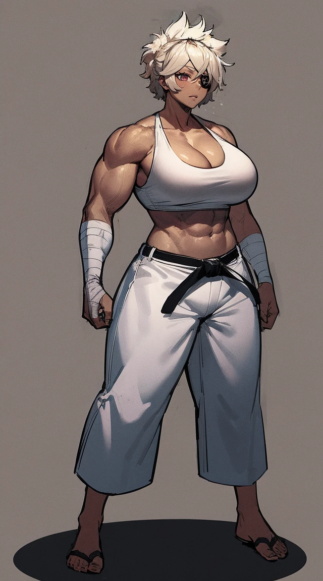 masterpiece, best quality, 1girl, solo, debdia, eyepatch, muscular female, dark-skinned female, huge breasts, cleavage, crop top, white pants, bandages, karate gi, full body,