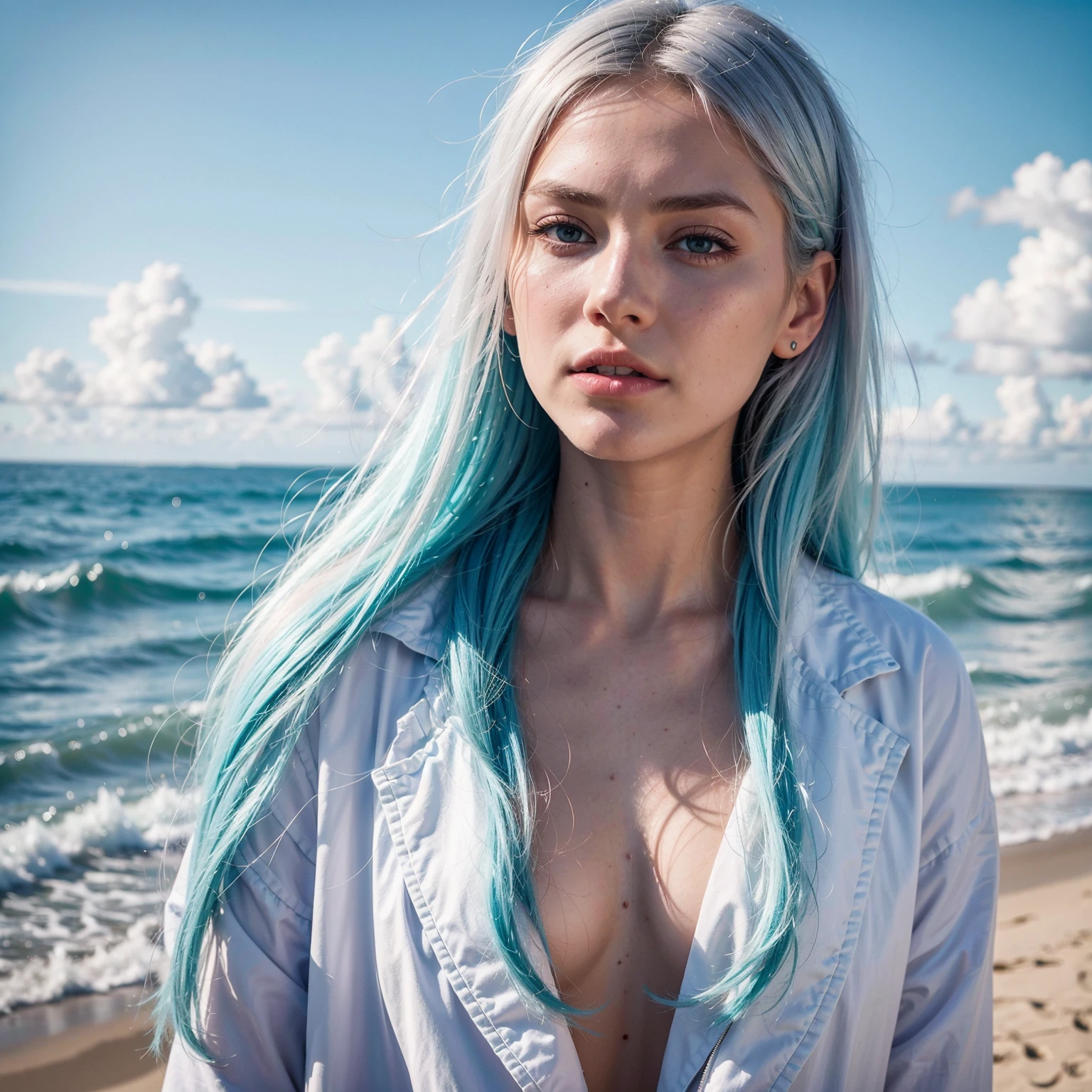1 danish girl, 20yo, realistic skin, fair skin, innocent, modern girl, exact cyan-white hair, amber eyes,((photorealistic)) ((masterpiece)), 8k high resolution, hyper realistic, beach, pink lips, long beautiful cyan-white hair, blush cheeks, fair white skin, photorealistic, ((camera distance 1.1m)) (((insta model))), natural cyan hair, from back, skinny perfect face, heart face shape, wearing a red jacket on a furry coat