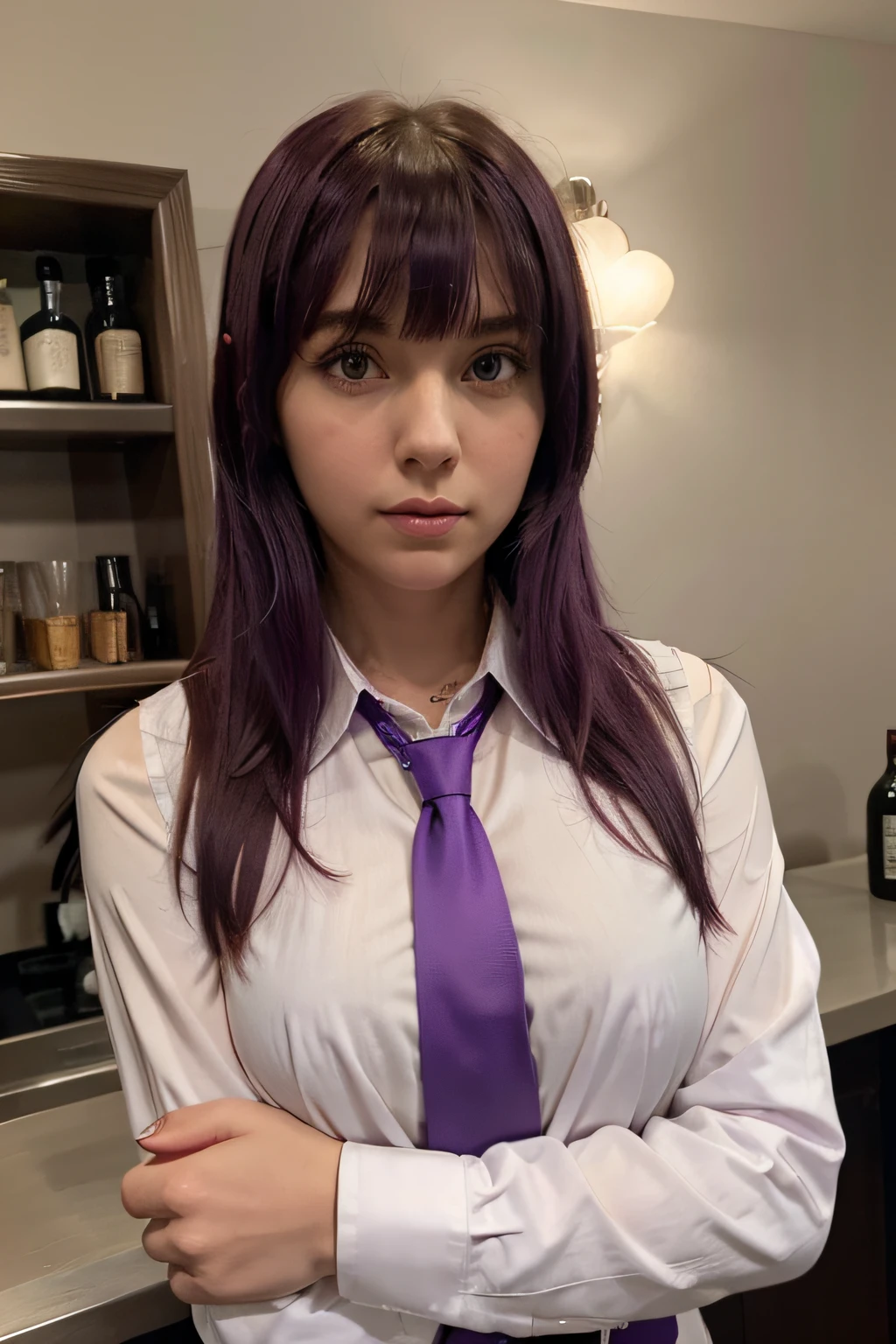 1girl, solo, bangs, blush, hand on own chest, jill stingray, long sleeves, looking at viewer, purple hair, medium breasts, necktie, shirt, solo, upper body, vest,  bartender, vest, white shirt,