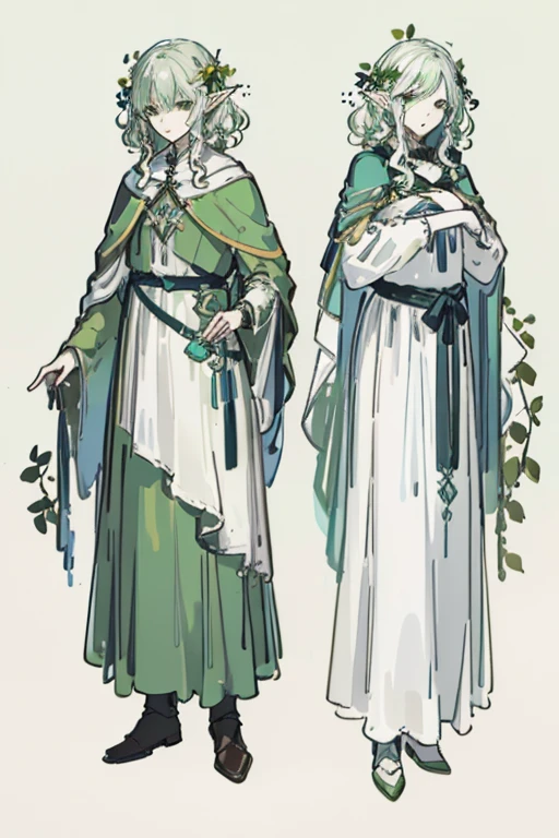 Video game character design, Drawing with Line Drawing, Multiple points of view, Best Quality,Masterpiece,hight resolution, elf, ((character concept art)), Video game character design, Detailed man with pale skin,Medium Hair, Druid, half-elf ,Dressed as a druid,illustartion,Realistic,Harmonious colours,natural lighting, Green clothes, white colored hair, curly hair