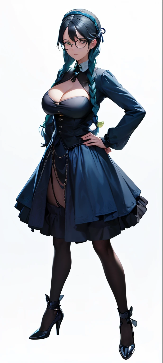 Masterpiece, best quality, wind effects,  1_woman, stoic expression, long teal hair, twin braids, diamond shaped eyes, glasses, large_bust, chest window, cleavage, dark blue victorian dress, halter top, double button breast, dark blue lolita skirt, silver trim, black tights, black heels, petite, small waist, perfect hands,