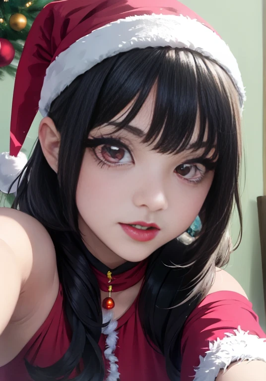 Hermosa Chica , 21-year-old , Tiro superior,((Selfie)), hermosos ojos, cabello largo, fondo nevado, besar, Beautiful, senos grandes , mirada coqueta, ((muy detallado)), (Cara perfectamente detallada), (Mano bien detallada), Imagen fotorrealista , mlp , christmas red dress , vestido de santaclaus , lindo maquillaje , labios rojos , linda sonrisa , Sonata dusk , cabello color turquesa con mechas moradas , ojos color rosa