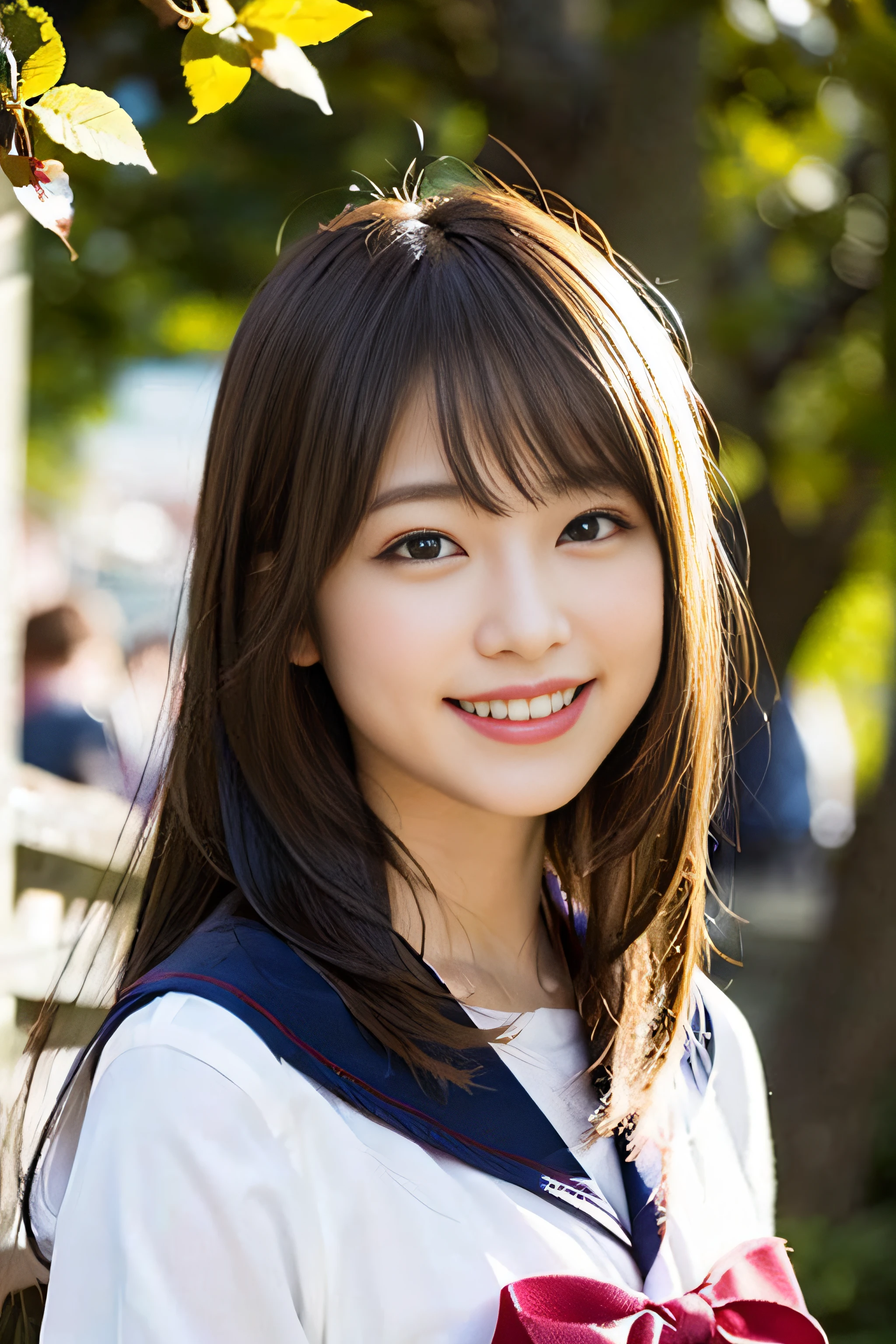 (8K、Raw photography、top-quality、masterpiece:1.2)、(realisitic、Photorealsitic:1.37)、ultra-detailliert、超A high resolution、女の子1人、see the beholder、beautifull detailed face、A smile、Constriction、(Slim waist) :1.3)、Beautiful detailed skin、Skin Texture、Floating hair、Professional Lighting、Whole human body、Longhaire、a blond、japanese hight school uniform、hi-school girl、School route、autumnal、Colored leaves、red ribbon hair、Happy smile、Childish smile、Suppin、Red sailor suit、winking