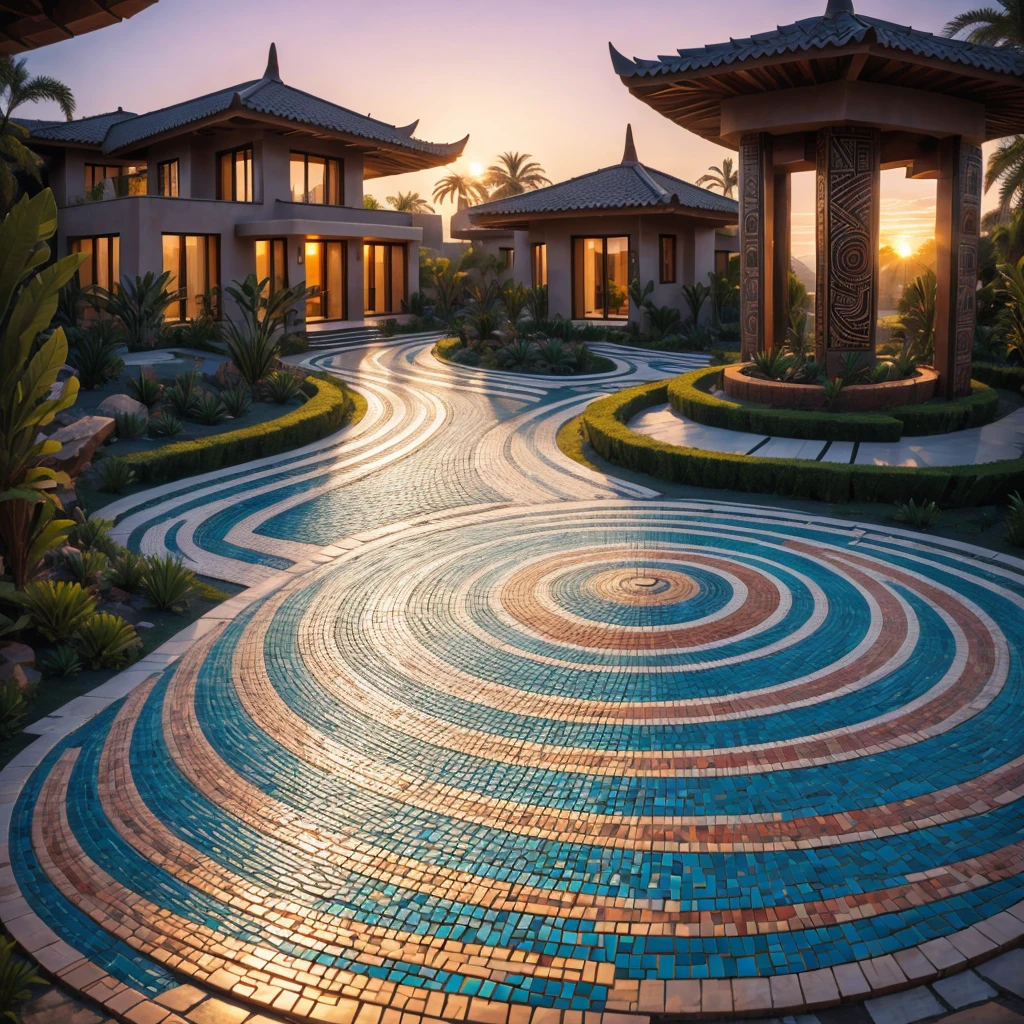 ((Tribal style villa)), external garden, Mosaic tribal sculpture, flagstone road, the sunset, hyper realisitc, Ahfu future, hyper realisitc, artistic décor, concept-art, 3D future, lightand shade contrast, Ray traching, mosaic art, wide wide shot, Best quality at best, A high resolution, Award-Awarded, tmasterpiece, 4K