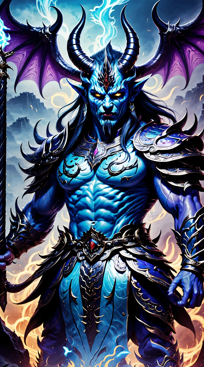 Best quality at best，ultra - detailed，realistically：1.37，asuras，demonic wings，light blue colored skin，The eyes glow green，scimitar in hand，has horns on its head，heavy muscular figure，elegant armor，delicate patterns，Glowing aura，surrounded by flames，Desolate battlefield background，(safe),Divine wrath，majestic and powerful，mythological creatures