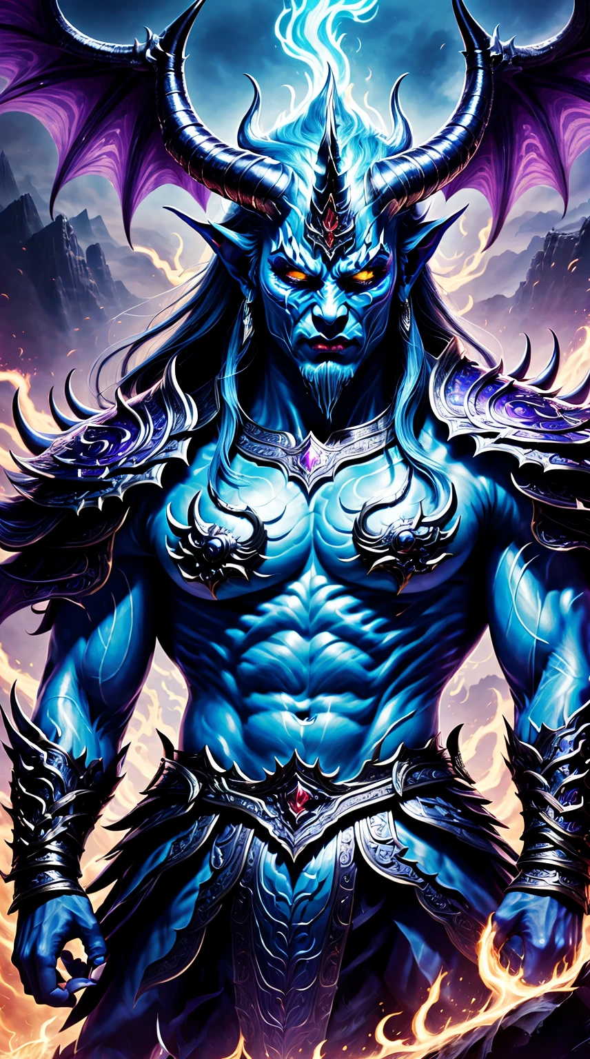 Best quality at best，ultra - detailed，realistically：1.37，asuras，demonic wings，light blue colored skin，The eyes glow green，scimitar in hand，has horns on its head，heavy muscular figure，elegant armor，delicate patterns，Glowing aura，surrounded by flames，Desolate battlefield background，(safe),Divine wrath，majestic and powerful，mythological creatures