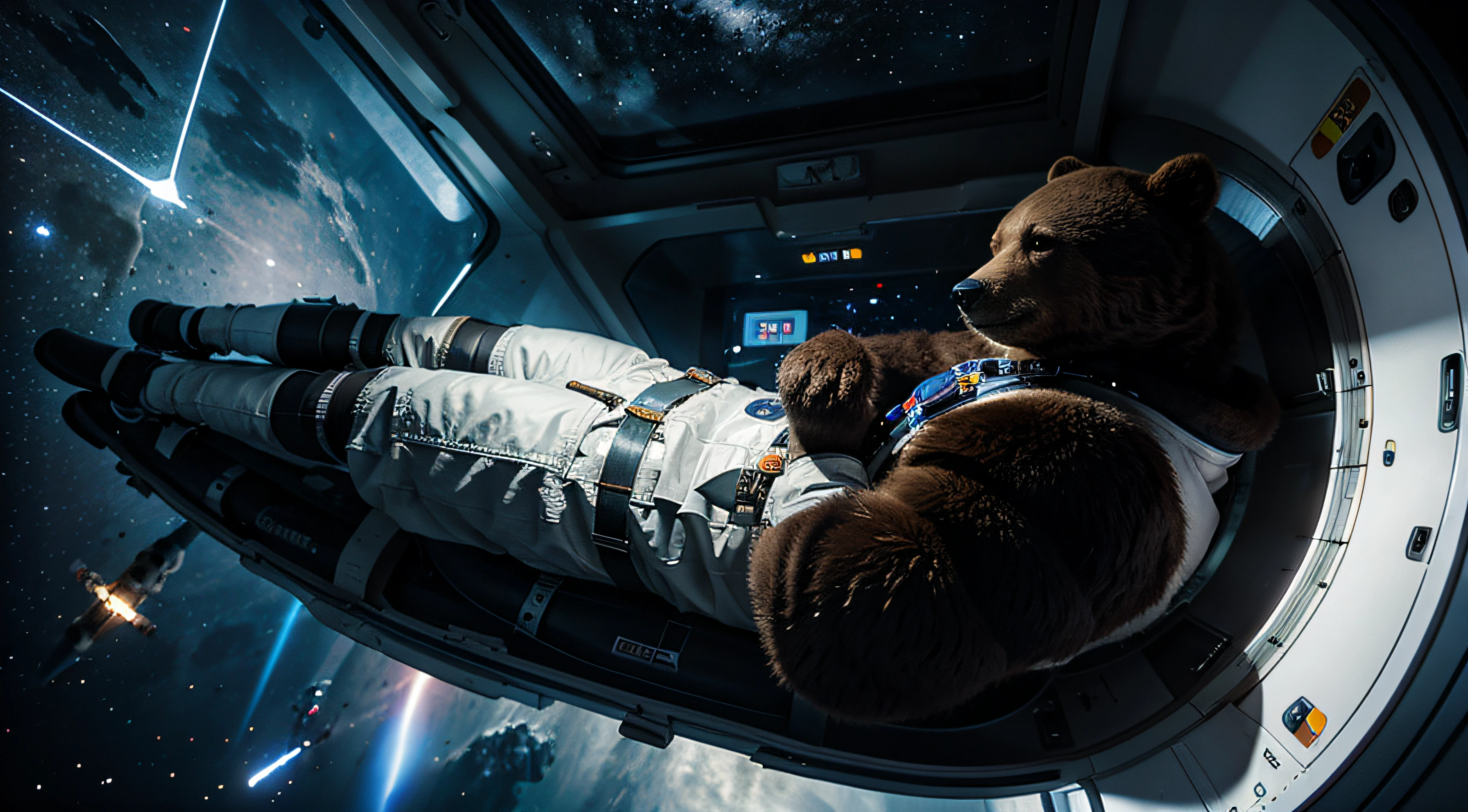 A bears wearing a Russian space suit, flies to the Moon in a space ship.