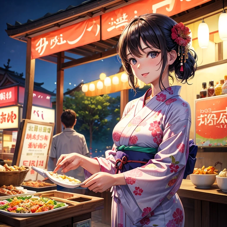 32-year-old woman,Summer Festivals,food stand,Wearing a yukata,date