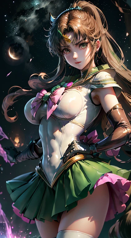 8k, qualidade superior, alta resolução, Reallistic、Fotorrealista,Cinematic light、to stand、arte de fantasia detalhada、arte de personagem impressionante、fan art best art station、epic exquisite character art、germe de arte extremamente detalhado、arte de anime digital detalhada、art stations , 1girl em, the sailor jupiter, colarinho de marinheiro verde, cabelos castanhos vermelhos, poneyCauda, ((sorriso sedutor、Cara muito limpa、Detalhes do rosto:1.5、Rosto bonito、Olhos belos、olhos brilhantes、olhos de cor verde,fine lips:1.3、thin, sharp, pale eyebrows,、long dark eyelashes、Double eyelashes)),Uniforme Sailor Senshi( (White latex elbow gloves, Thin white latex leotard、Green latex skirt, gargantilha verde,pink bow、Detail with strong shine and smooth surface)), brinco, Tiara Dourada,Dynamic Stance, Dynamic backgrounds、Stars and moon in the skyCG、fantasiacg、Magnificent big bright moon、ambiente iluminado、cavaleiro da fantasia、starly sky、Esbian de corpo inteiro、The deity of lightning、lightnings、eletricidade、radiating power、magia((Drama))Lightning background,