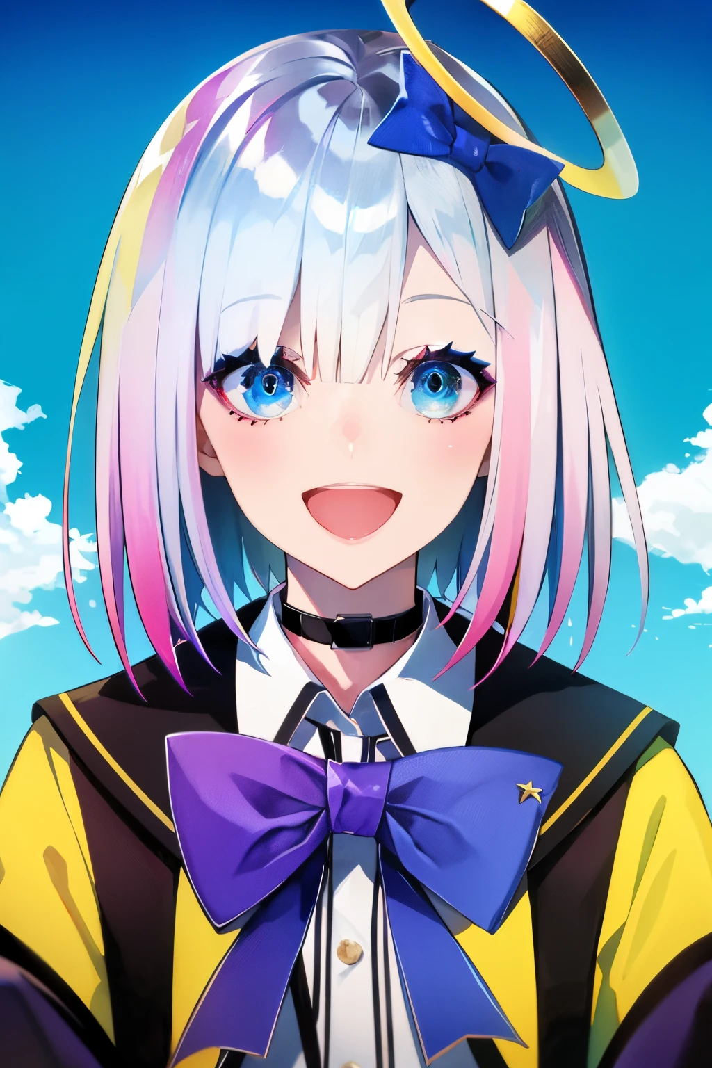 1girl, solo, amane kanata, star halo, virtual youtuber, multicolored hair, wings, halo, colored inner hair, open mouth, angel, feathered wings, angel wings, asymmetrical hair, blue hair, smile, looking at viewer, blue background, background, short hair, single hair intake, upper body, bow, armband, purple eyes, bob cut, long sleeves, streaked hair, sailor collar, blue bow, pink hair, multicolored eyes, hair over one eye, :d, white hair, white wings, bangs, blue eyes, hand on own chest, grey hair, jacket, bowtie, blush, gradient eyes, sleeves past wrists, teeth, blue bowtie