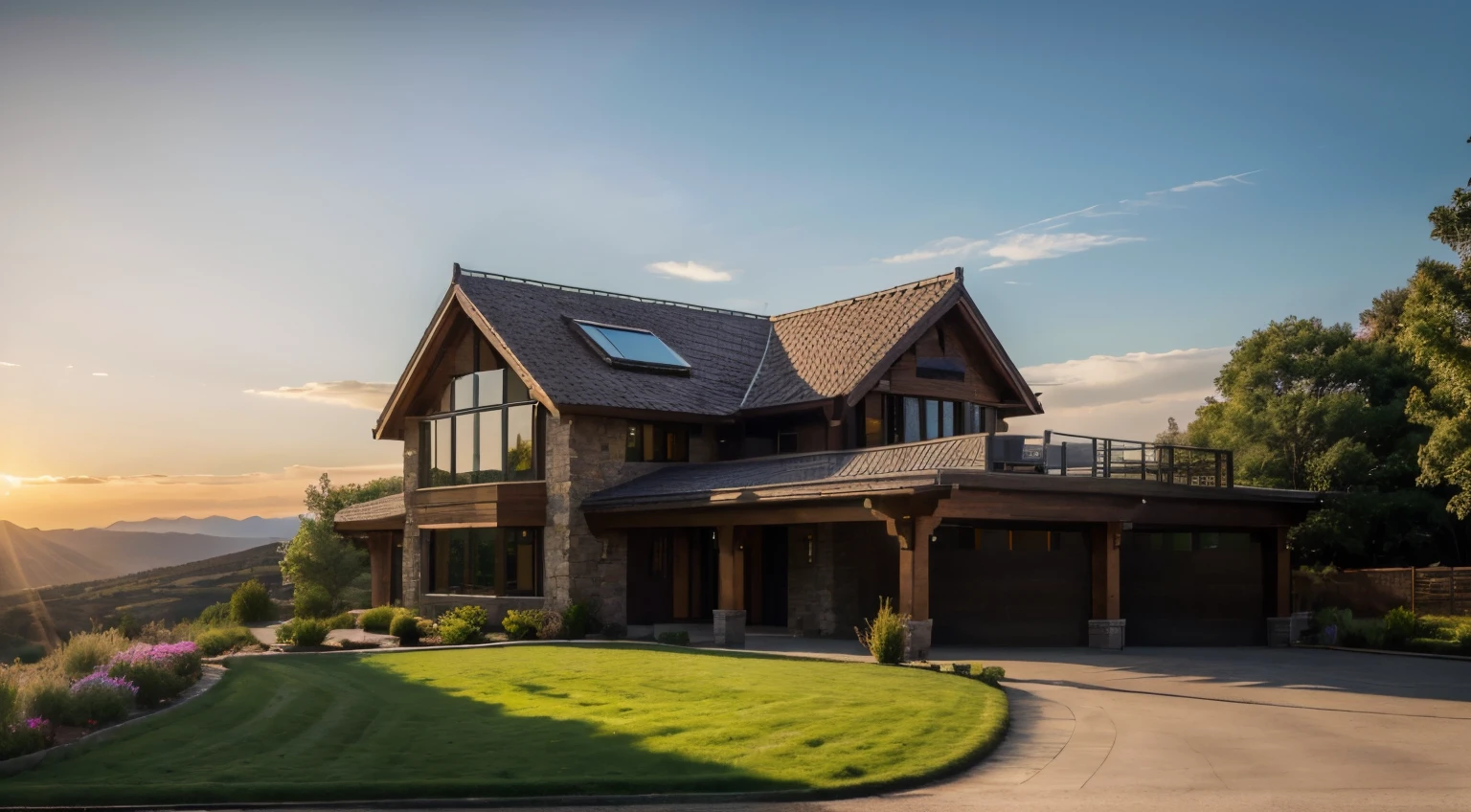 (best quality,4k,highres,masterpiece:1.2),ultra-detailed,realistic:1.37,stone and glass house,super cars,parking,sunset time,grassy mountain,beautifully designed architecture,large windows,reflection,shining surfaces,luxurious vehicles,sun rays,purple-orange sky,silhouette of mountains,twinkling lights,majestic scenery,serenity,expansive view,clean lines,sophisticated,modern design,peaceful atmosphere,harmony between nature and man-made structures,vibrant colors,endless beauty