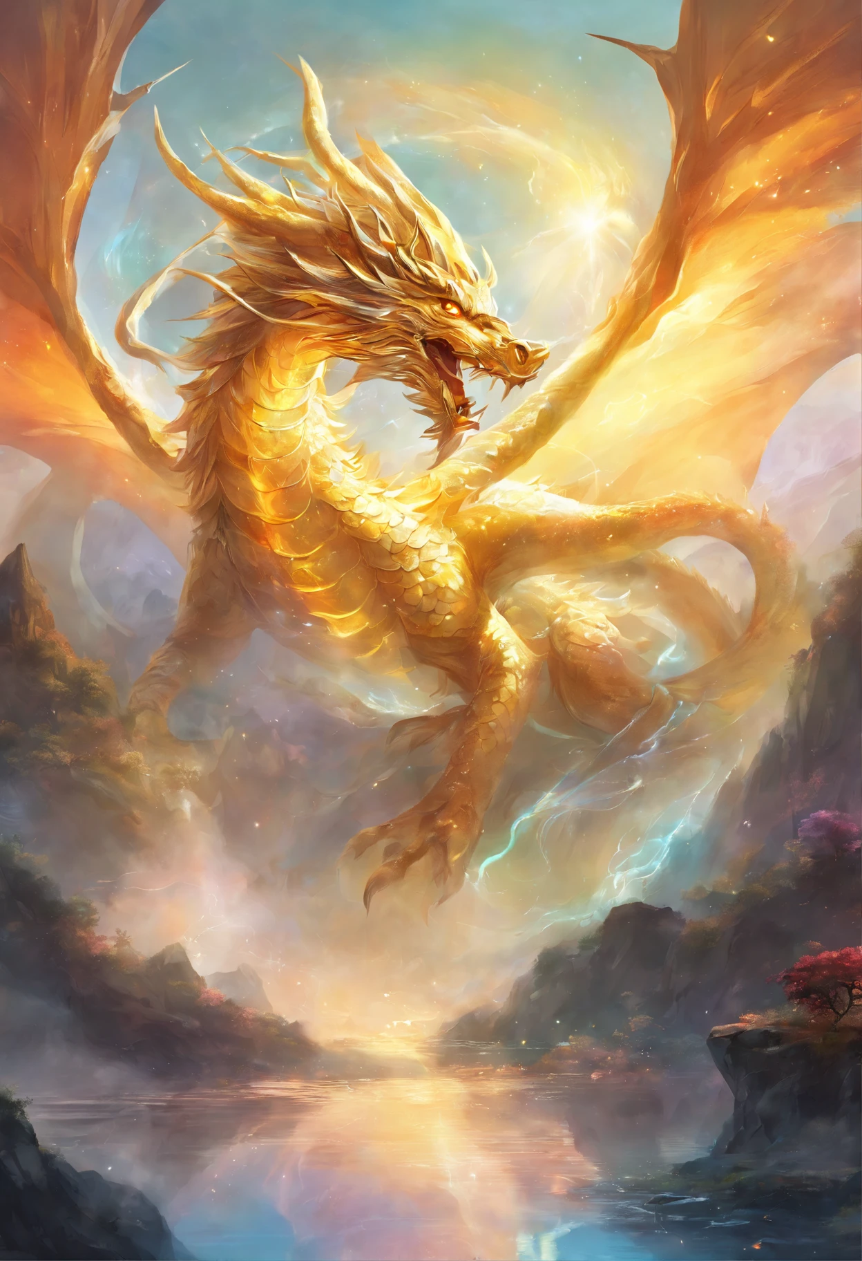Landscape painting,White rainbow background,A huge Chinese dragon golden in the air,With a huge crystal,Fortune up