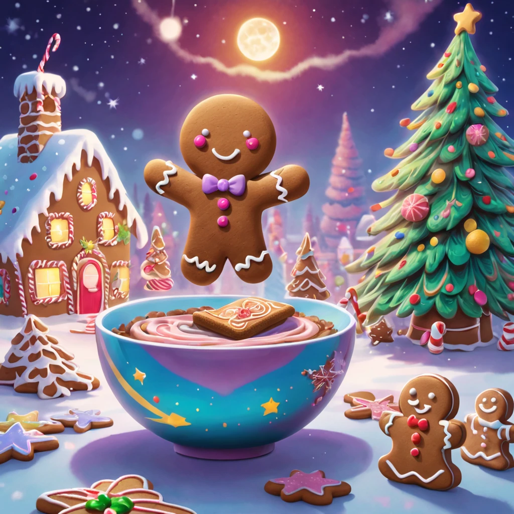 Best quality at best, 8K, A high resolution, tmasterpiece:1.2), ultra - detailed, (actual, realistically:1.37), vibrant with colors, magical ambiance, Whimsical, Sparkling，Fantasy Christmas World, themoon，(Snowy night in Christmas town)，((The middle of the picture，Cute gingerbread man holding a book and bag of cookies, Pour biscuits into bowl，The chocolate bird lands on the gingerbread man&#39;s head，Christmas elements))，((Christmas tree，Confectionery，Cane sugar，Christmas gifts)), and decorations, Cute design style, natta，Skysky，moon full，Shown in this beautiful scene, vibrant with colors, Surreal, Psychedelic, Complicated details, Beautiful texture, Ethereal, like a dream, Soft glowing light, Charming Patterns, fantastical creature, Hidden surprises, dreamlike landscapes, Surreal color palette, Mystic aura, hyper realisitc, Enchanting journey, psychedelic trip, vivid imagination, immersive experience, mysterious creature, otherworldly charm, glowing paths, Light up a dreamy and beautiful Christmas, surreal sky, Whimsical Christmas elements, a magical encounter, Fascinating artwork