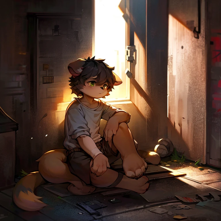 Dark style，male dog ears，shaggy，Curled up in a corner，In a dark and shabby alley，He's hurt，wear thin clothes. He looked around with vigilant eyes，the only person