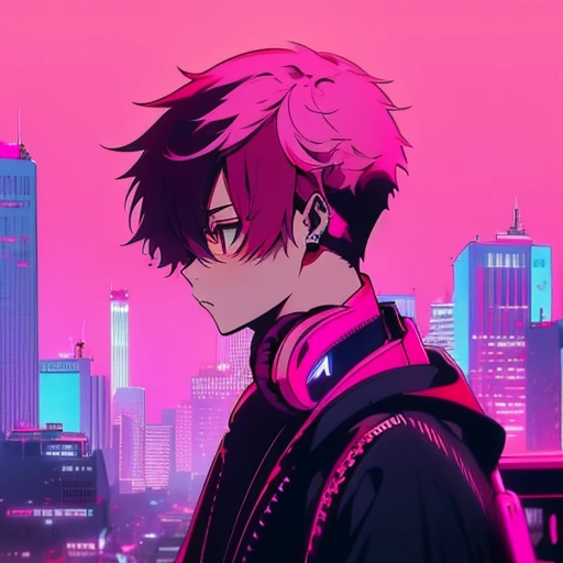 (short-cut), (Two-block hair), (vivid pink hair), (male character), (Red Eyes), (Cool pose), (of the highest quality), (masterpiece), (ultra-detailliert), (Oversized hoodies), (headphones), (Street), (neons), (Camera from a down angle), (Modern City), (Neon Daylight), (Cinematic), (Stylish), (hight resolution), (Hyper Detailed), (Looking at the camera), (Anime-style), (Softtown), (nightcore), (a handsome man), (Listening to music), (natural appearance of the building), (casual)