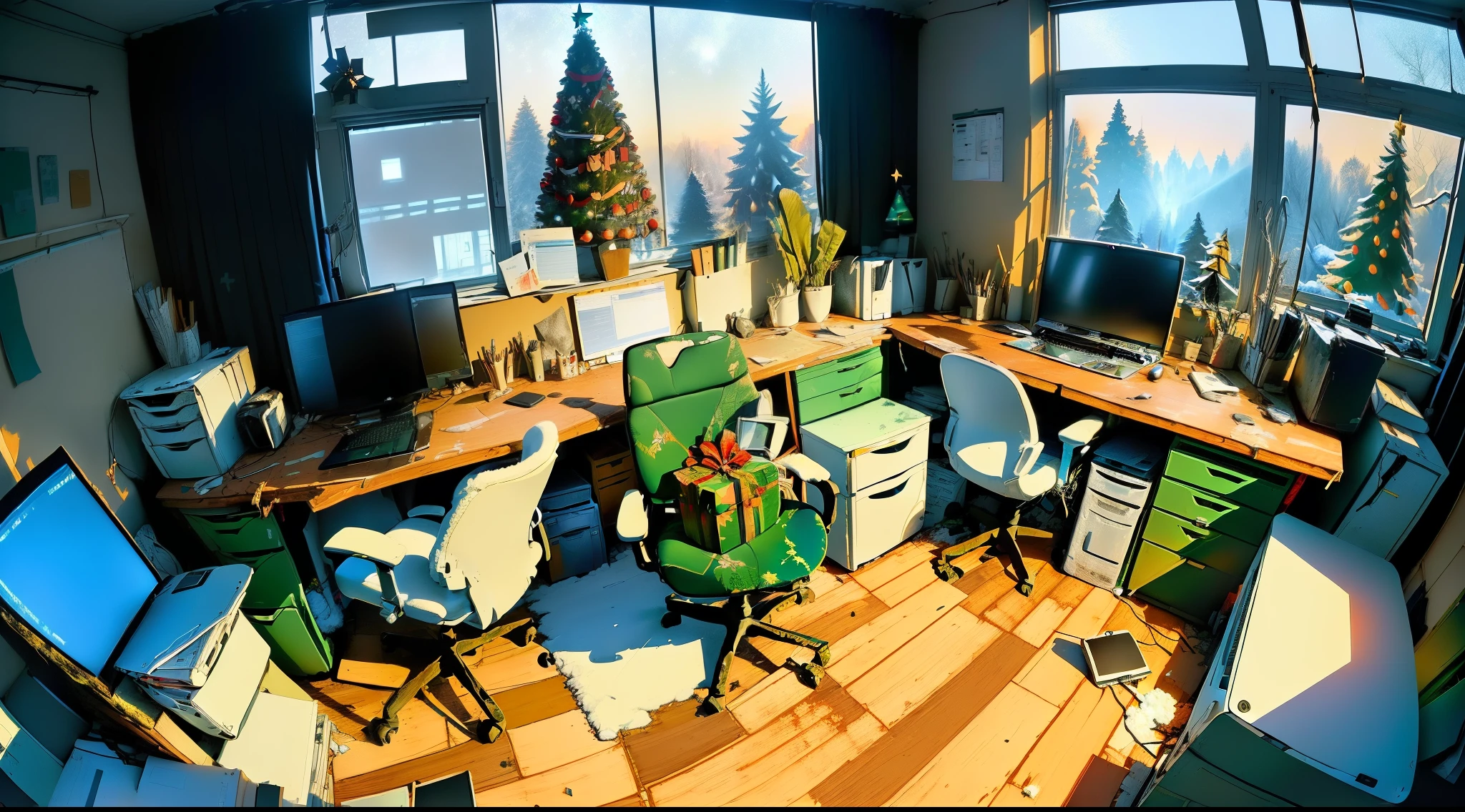 ((Ultra-detailed abandoned messy home office room in Christmas season with disorganized working laptop and )), ((ultra-detailed things)), (detailed messy work desk), with snow and Christmas tree, coding studio, programmer studio, 3 monitors, headphones, mouse, keyboard, coffee, perspective, fisheye, ultra-detailed