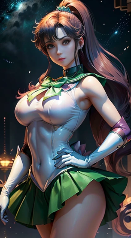 8k, qualidade superior, alta resolução, Reallistic、Fotorrealista,Cinematic light、to stand、arte de fantasia detalhada、arte de personagem impressionante、fan art best art station、epic exquisite character art、germe de arte extremamente detalhado、arte de anime digital detalhada、art stations , 1girl em, the sailor jupiter, colarinho de marinheiro verde, cabelos castanhos vermelhos, poneyCauda, ((sorriso sedutor、Cara muito limpa、Detalhes do rosto:1.5、Rosto bonito、Olhos belos、olhos brilhantes、olhos de cor verde,fine lips:1.3、thin, sharp, pale eyebrows,、long dark eyelashes、Double eyelashes)),Uniforme Sailor Senshi( (White latex elbow gloves, Thin white latex leotard、Green latex skirt, gargantilha verde,pink bow、Detail with strong shine and smooth surface)), brinco, Tiara Dourada,Dynamic Stance, Dynamic backgrounds、Stars and moon in the skyCG、fantasiacg、Magnificent big bright moon、ambiente iluminado、cavaleiro da fantasia、starly sky、Esbian de corpo inteiro、The deity of lightning、lightnings、eletricidade、radiating power、magia((Drama))Lightning background,