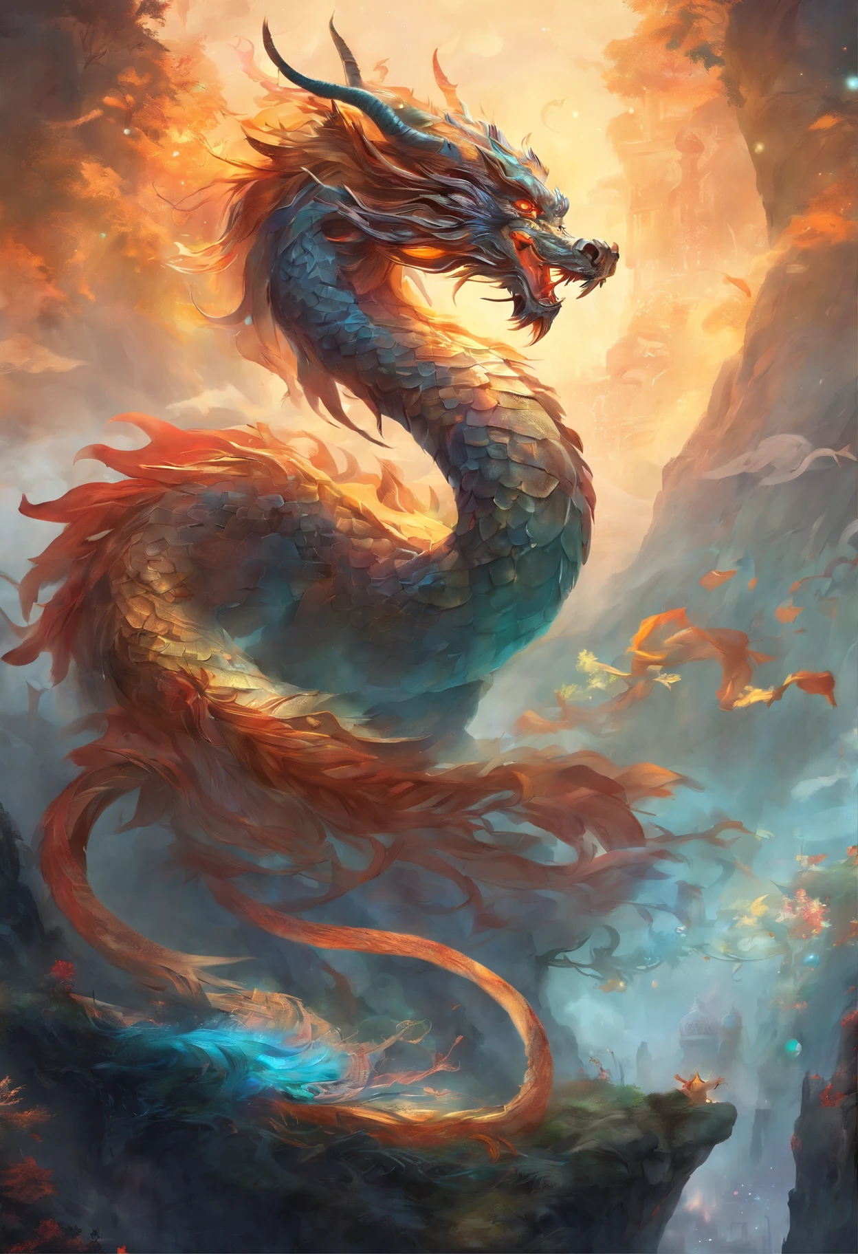 mythological creatures,((Chinese mythological dragon)),Traditional Chinese elements,Ancient murals,Illustrative mythuyao Legend,Dappled light,Hazy haze,mystical aura,tmasterpiece,k hd,Rich in color,Detailed details,Seven colors