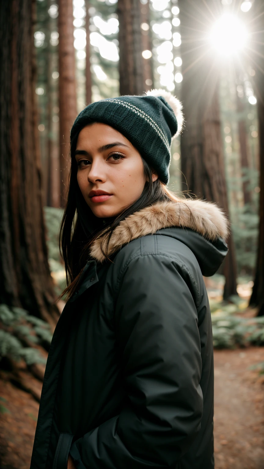 photograph of a woman, (sympathetic facial expression), textured skin, goosebumps, jet black half-up half-down hair, faux fur-lined parka with skinny jeans and beanie, group profile, towering ancient redwood trees creating a sense of wonder and awe, perfect eyes, ((hard lighting:1.4)), Velvia 100 color, shot on Cinestill 800T, bokeh, sharp focus on subject, shot by Manuela Marques