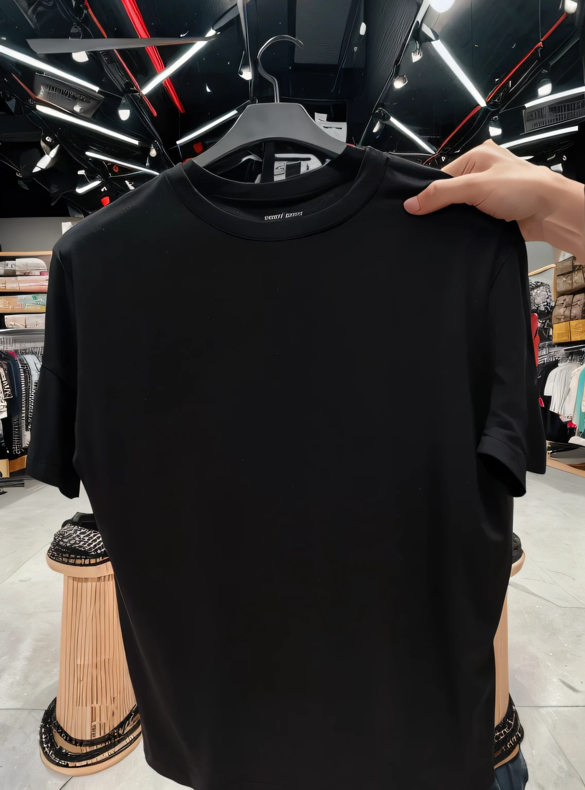 A person was holding a black shirt with a black hanger in the store.., Black T-shirt, black shirt, Black long sleeve shirt, Black T-shirt, Wear a black shirt.., Wear a black T-shirt.., Wear a black T-shirt.., short sleeves, He wore a black t-shirt.., Black casual clothes, Gucci clothes, Black top, Wear a black shirt..